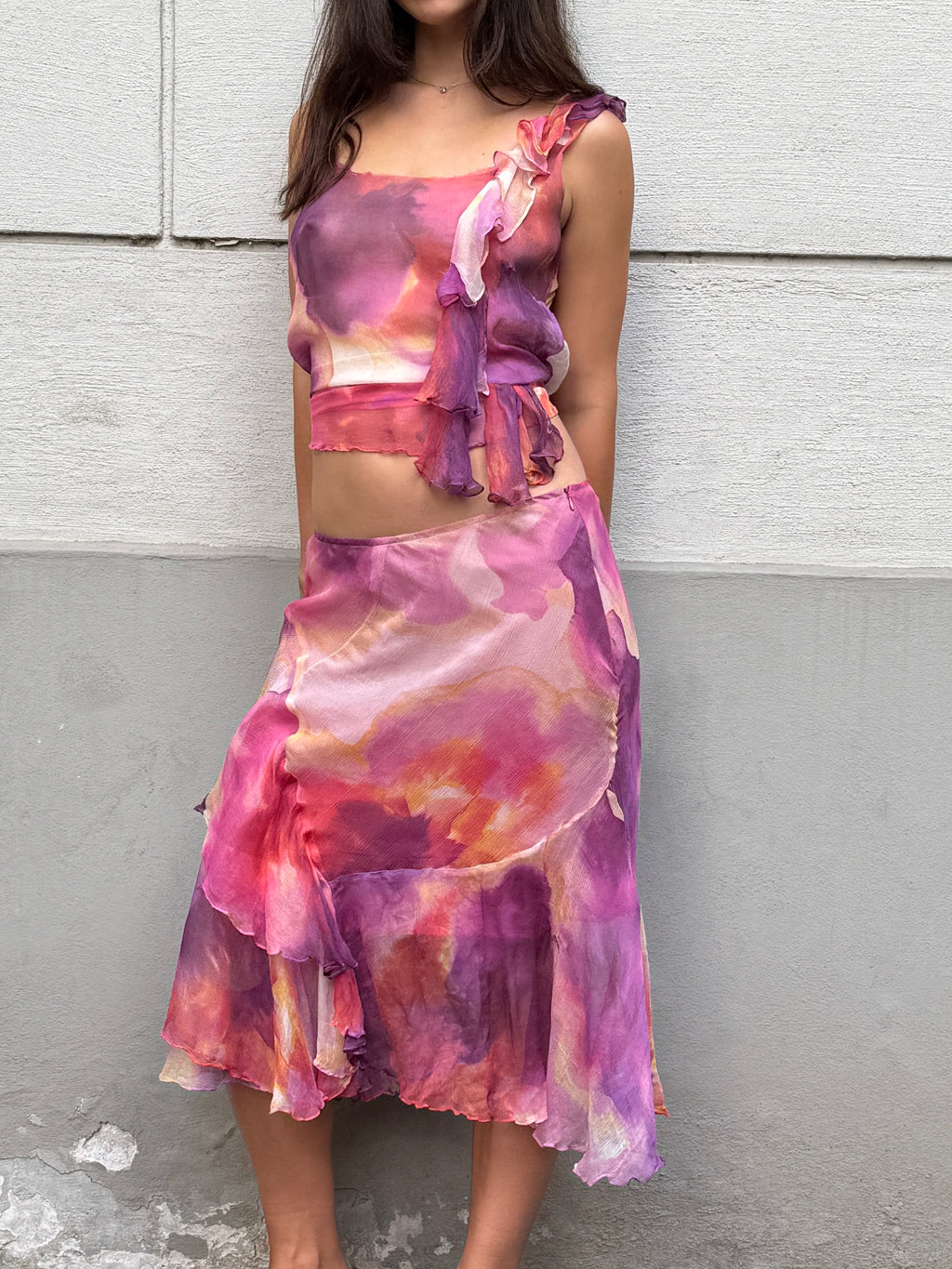 Vintage 100% Silk Pink Chiffon 2-Piece Top & Skirt Set S/M
