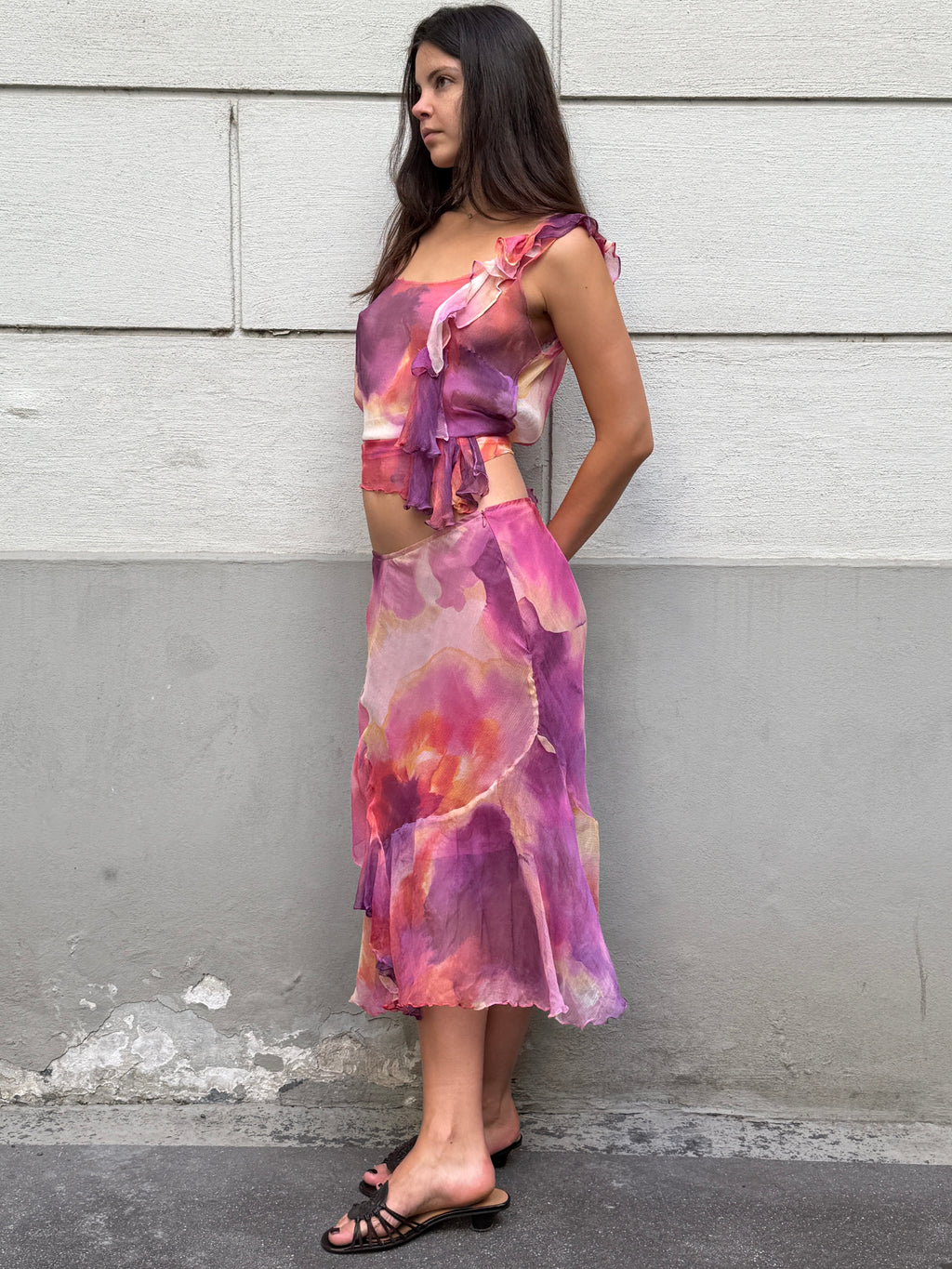 Vintage 100% Silk Pink Chiffon 2-Piece Top & Skirt Set S/M