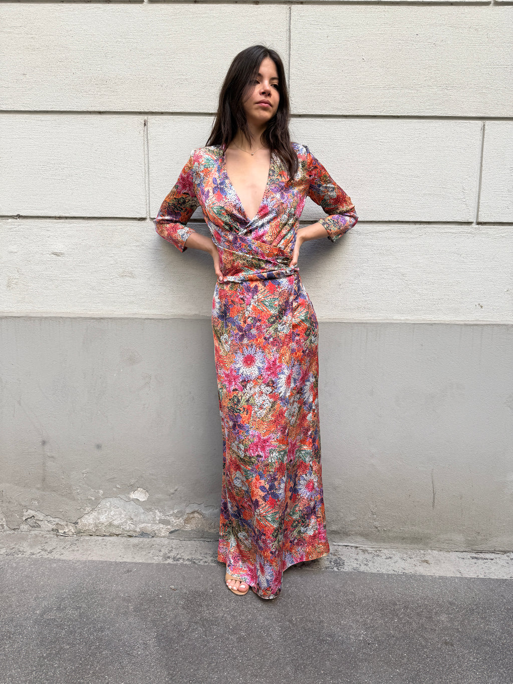 Vintage 100% Silk Floral Maxi Gown Dress M