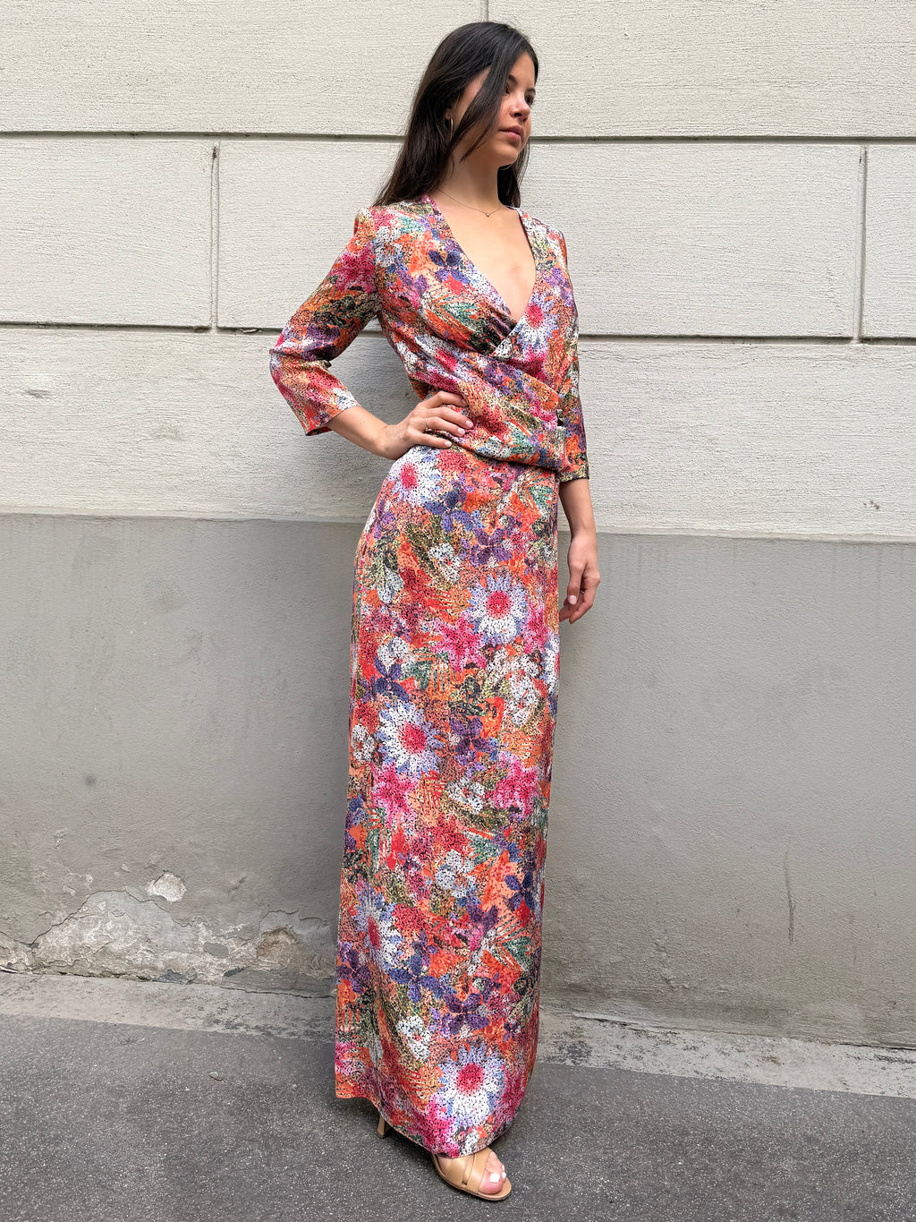Vintage 100% Silk Floral Maxi Gown Dress M
