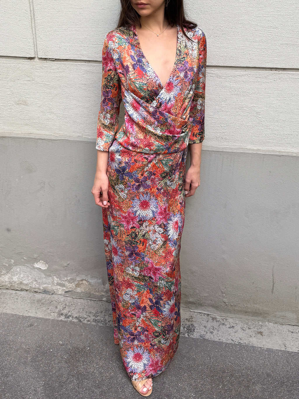 Vintage 100% Silk Floral Maxi Gown Dress M