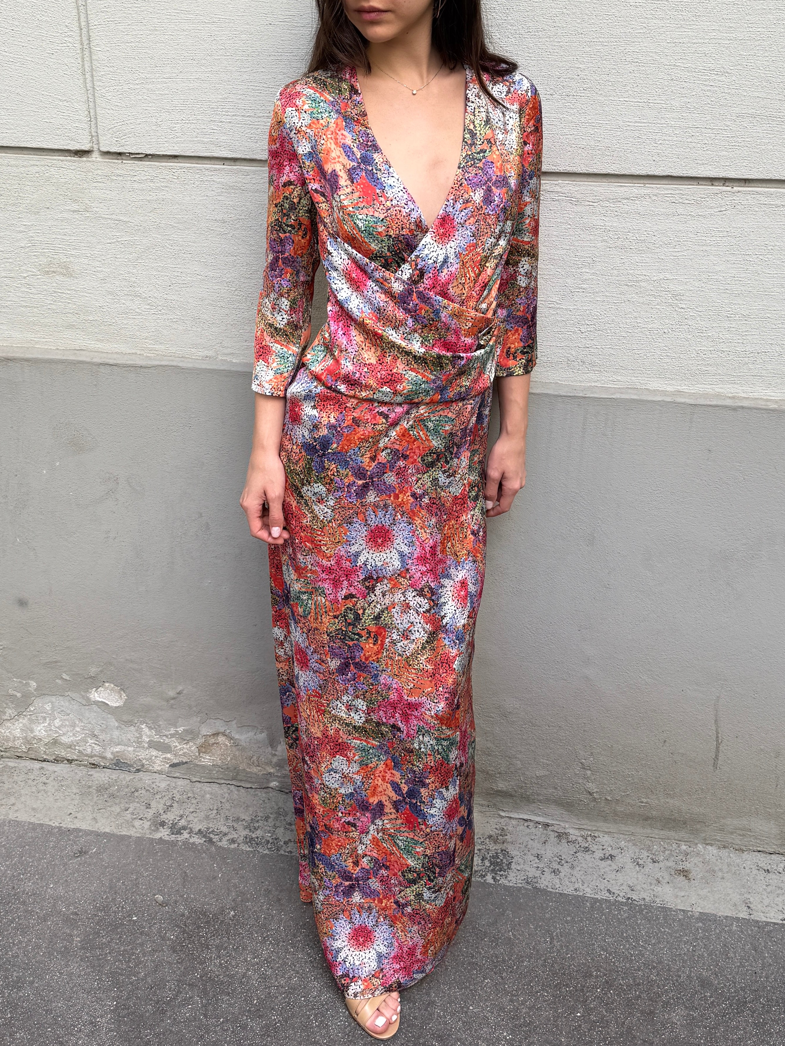 Vintage 100% Silk Floral Maxi Gown Dress M