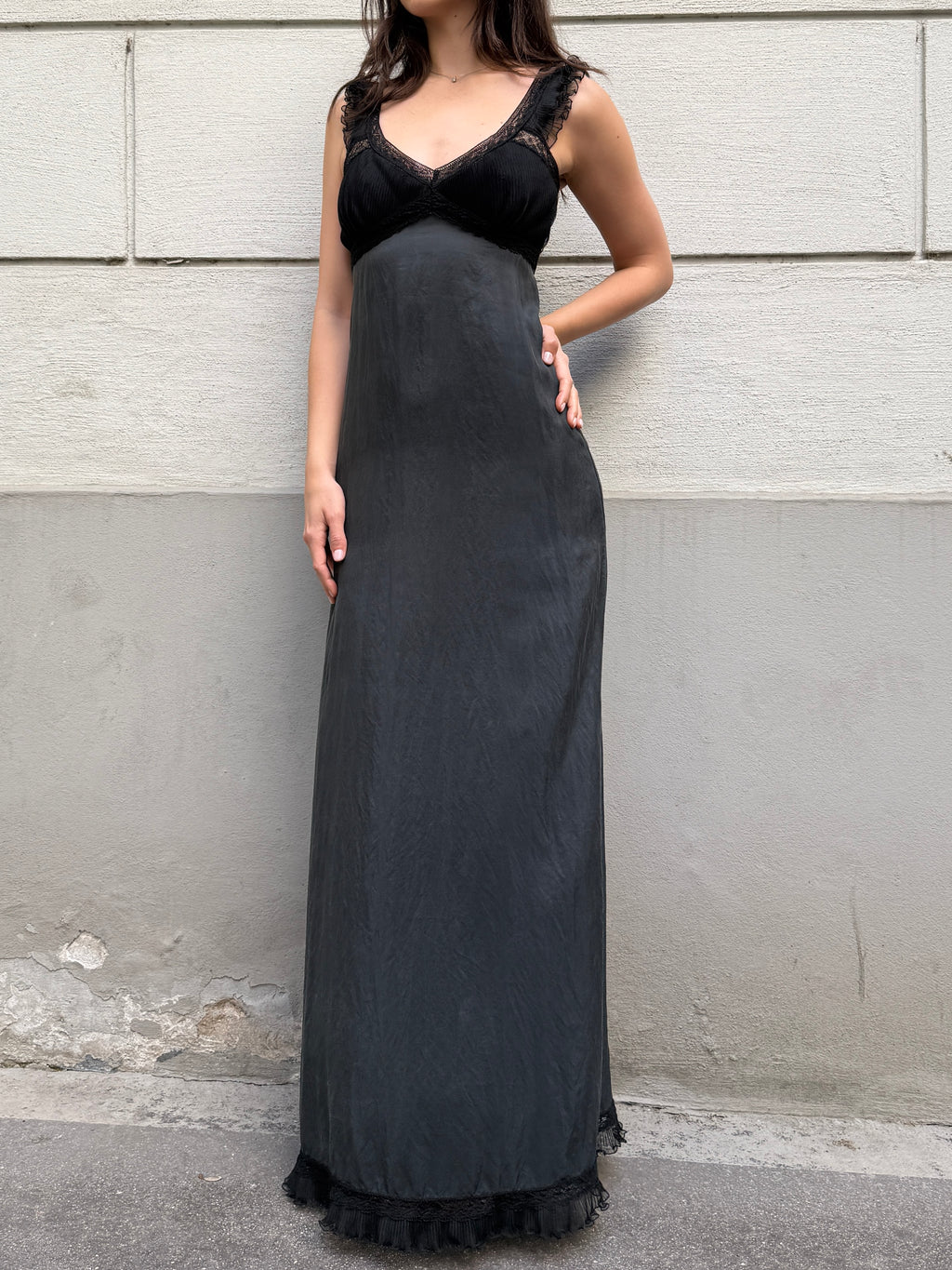 Vintage 100% Silk Washed Black Maxi Dress S