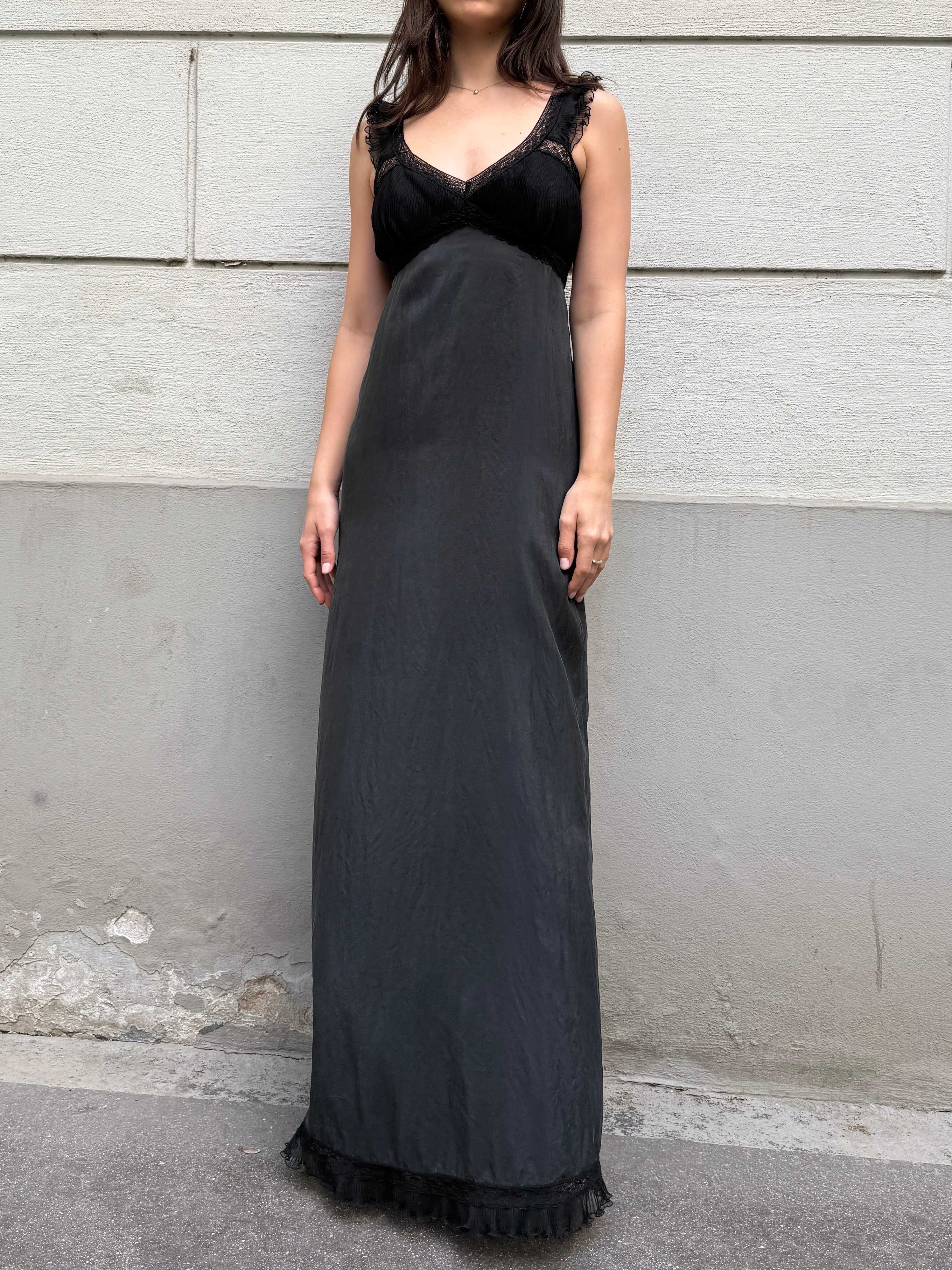 Vintage 100% Silk Washed Black Maxi Dress S