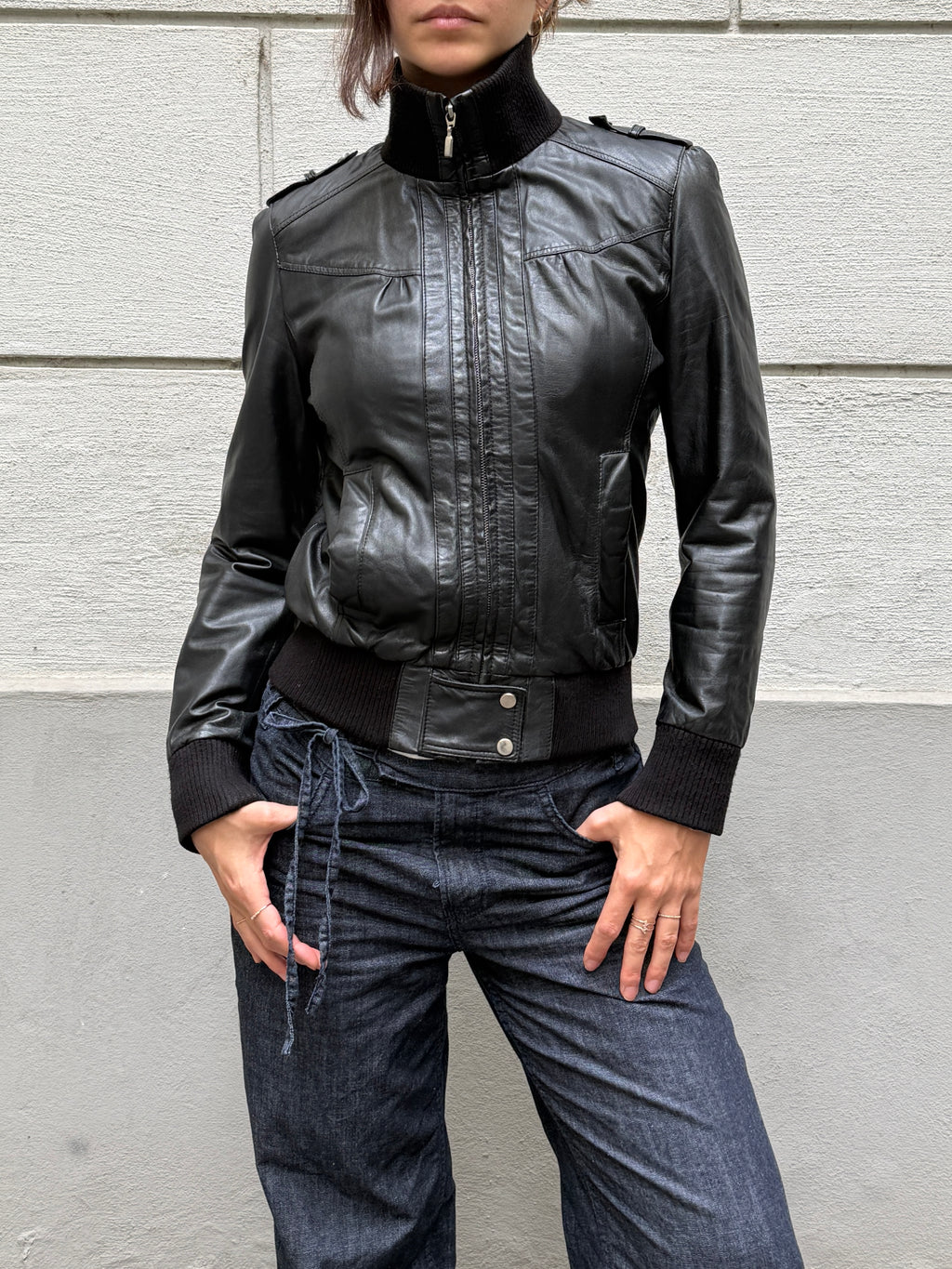 Vintage Y2K 100% Genuine Leather Black High Neck Jacket S/M