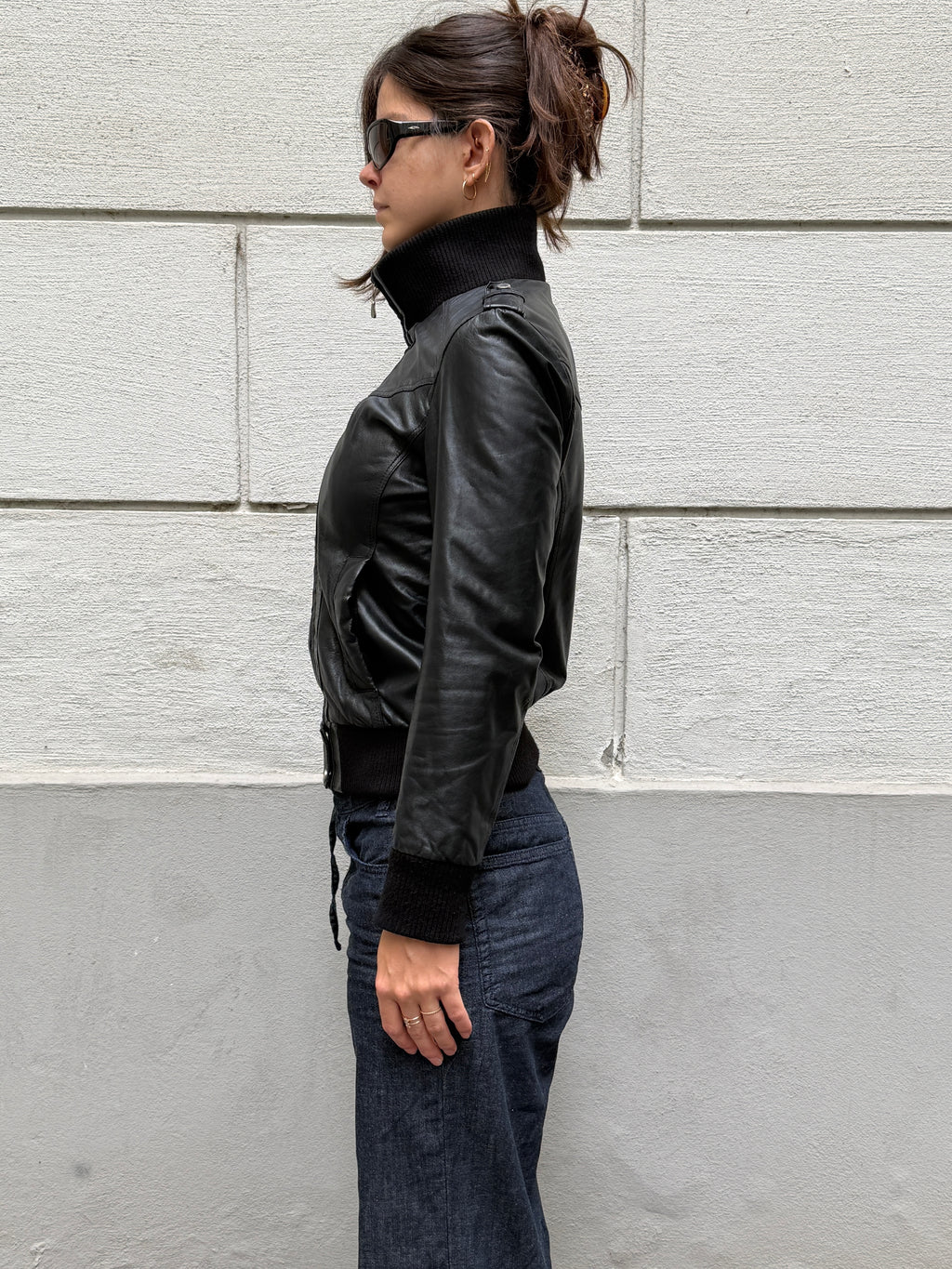 Vintage Y2K 100% Genuine Leather Black High Neck Jacket S/M