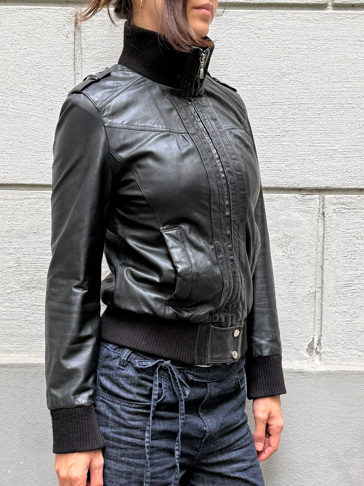 Vintage Y2K 100% Genuine Leather Black High Neck Jacket S/M