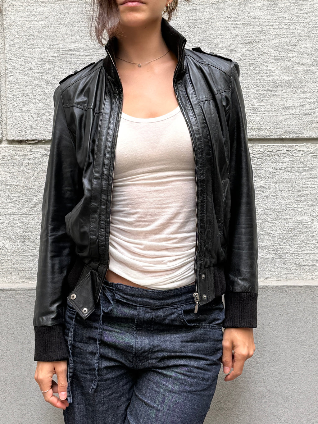 Vintage Y2K 100% Genuine Leather Black High Neck Jacket S/M