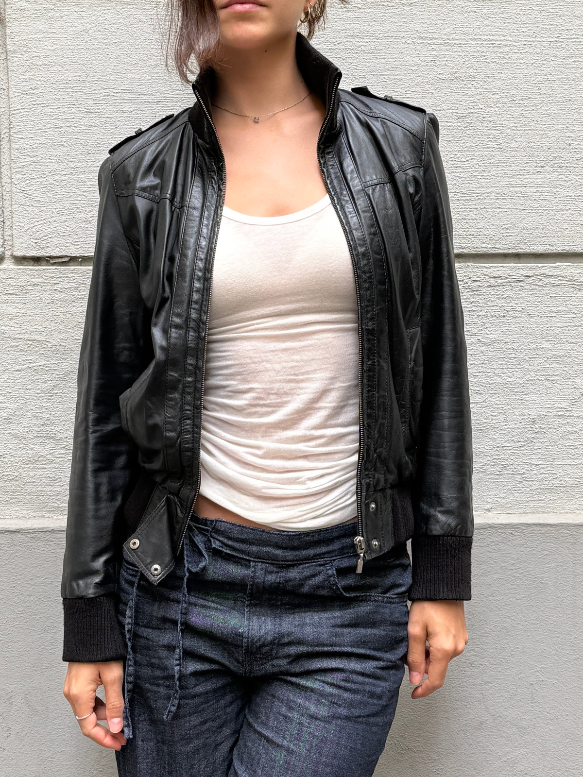 Vintage Y2K 100% Genuine Leather Black High Neck Jacket S/M