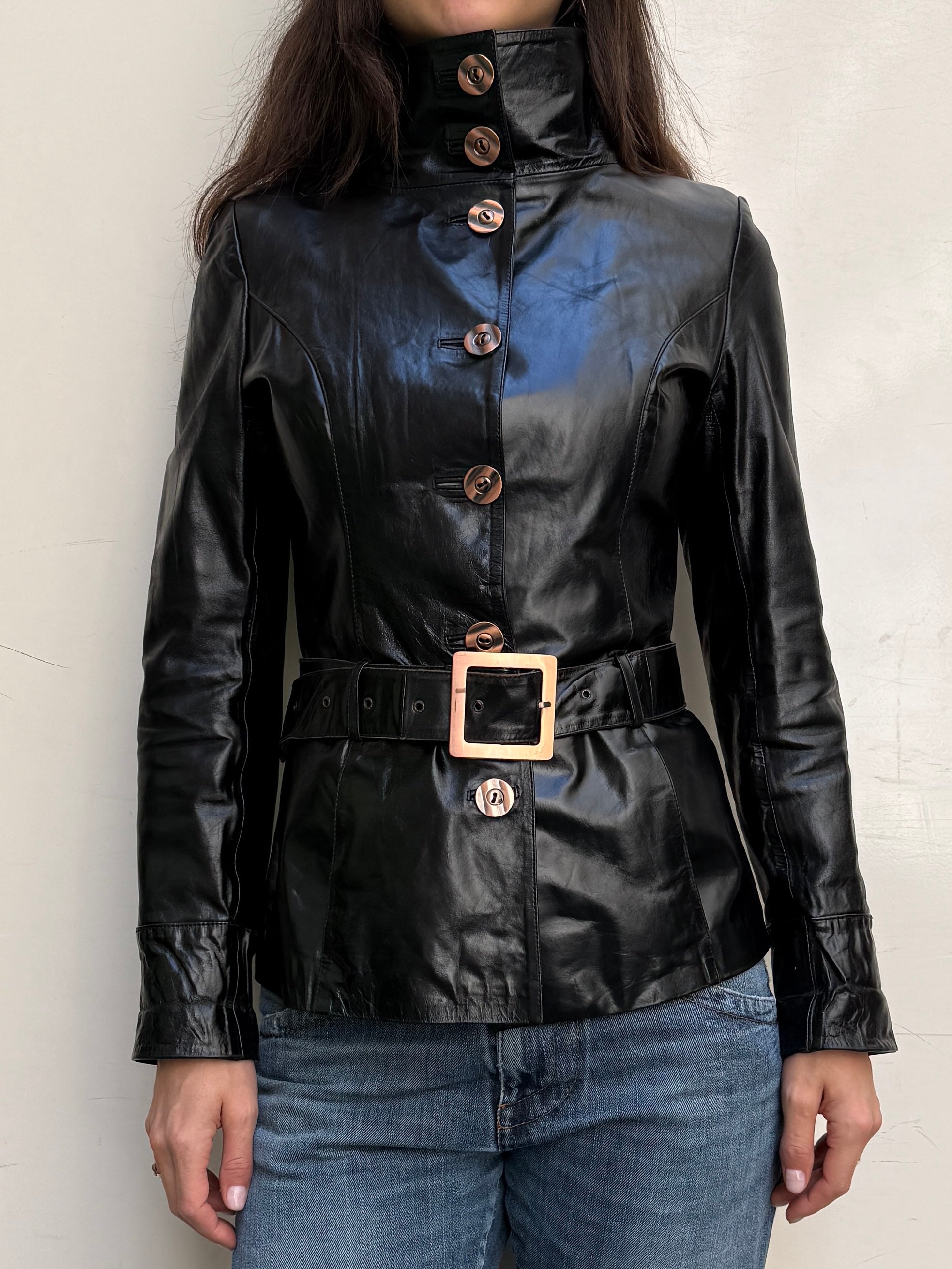 Vintage High Neck 100% Genuine Leather Black & Rose Gold Jacket XS/S