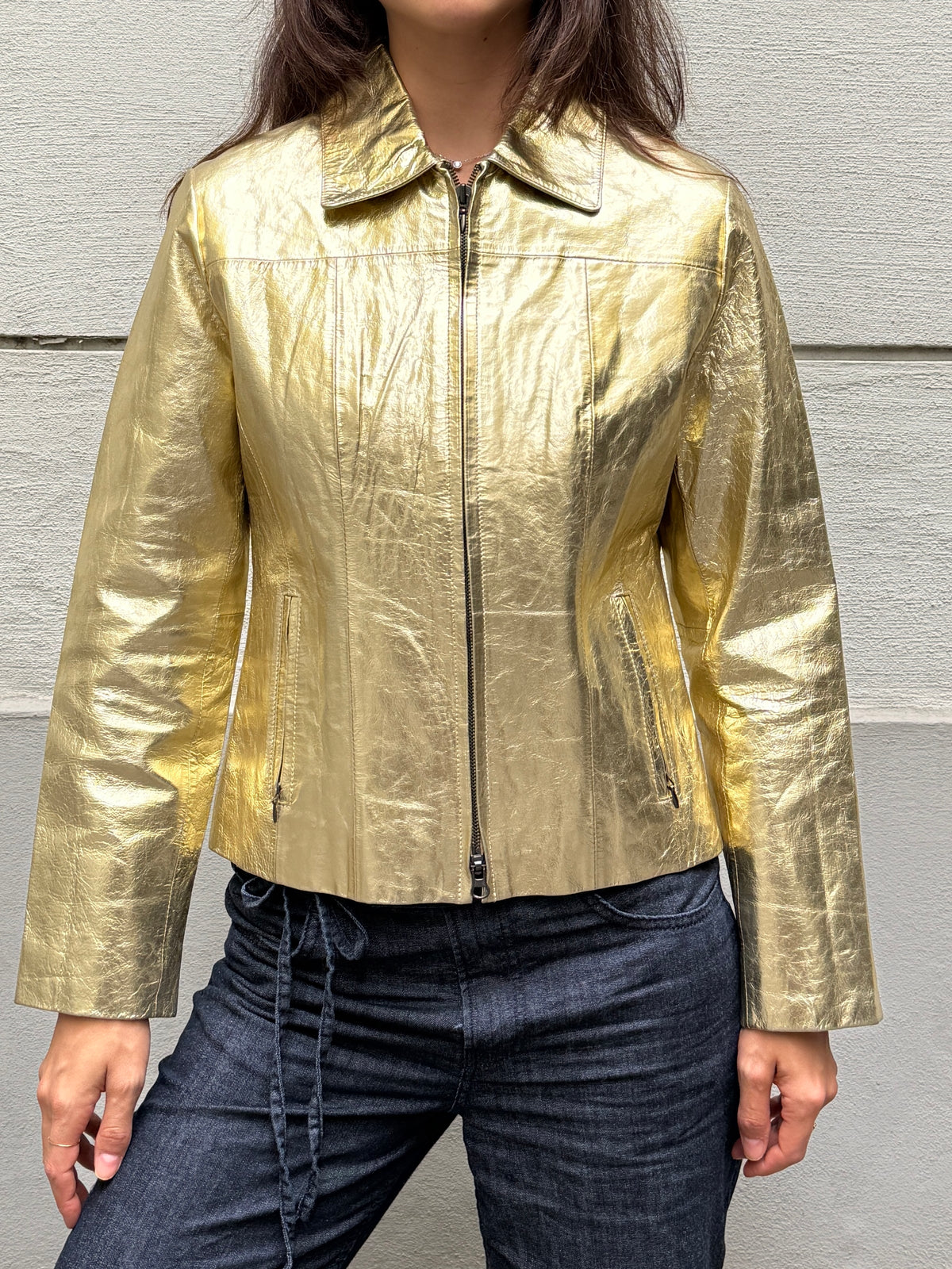 Vintage 100% Genuine Leather Gold Metallic Jacket M