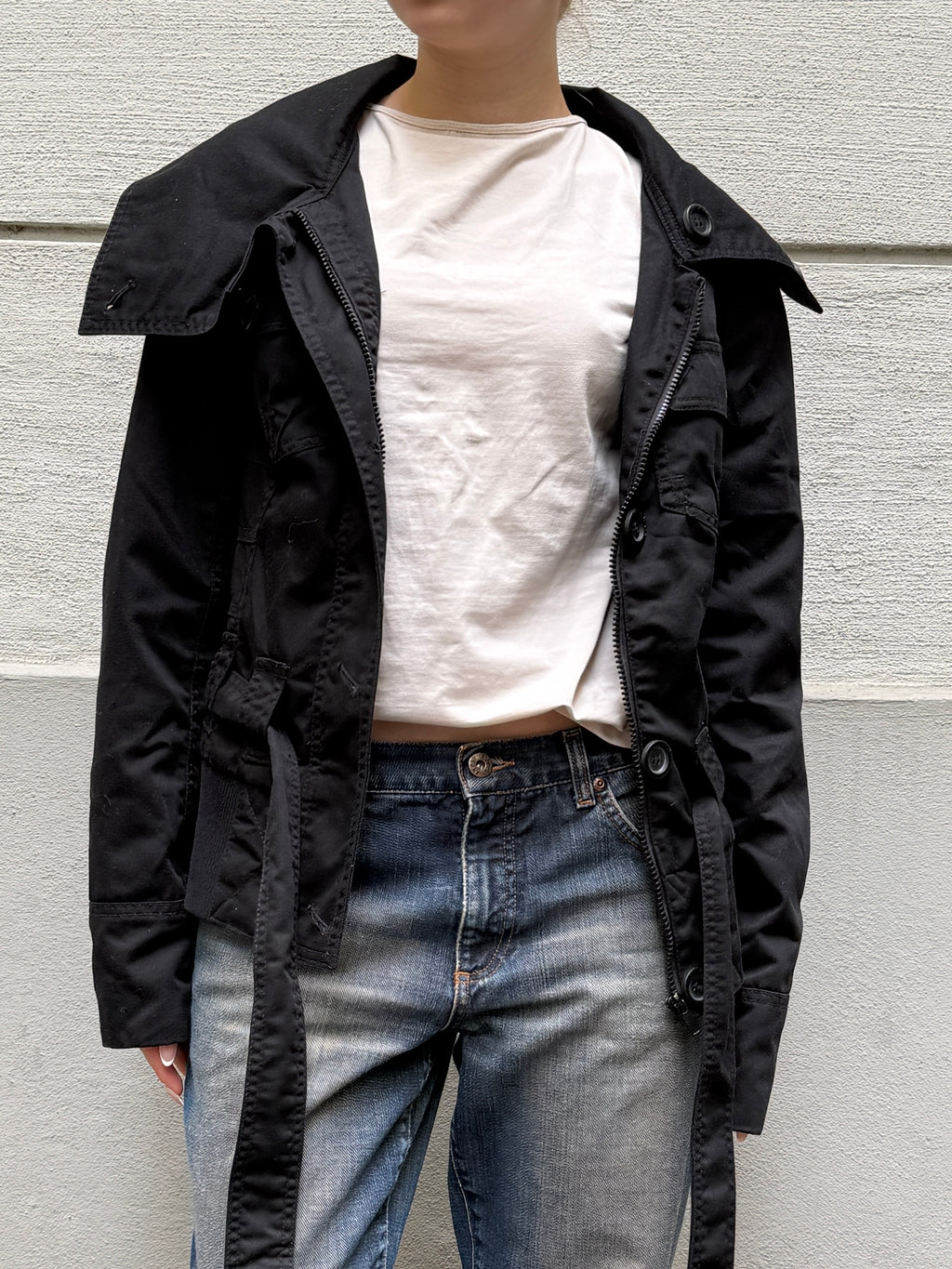 High Neck Black Belted Jacket S