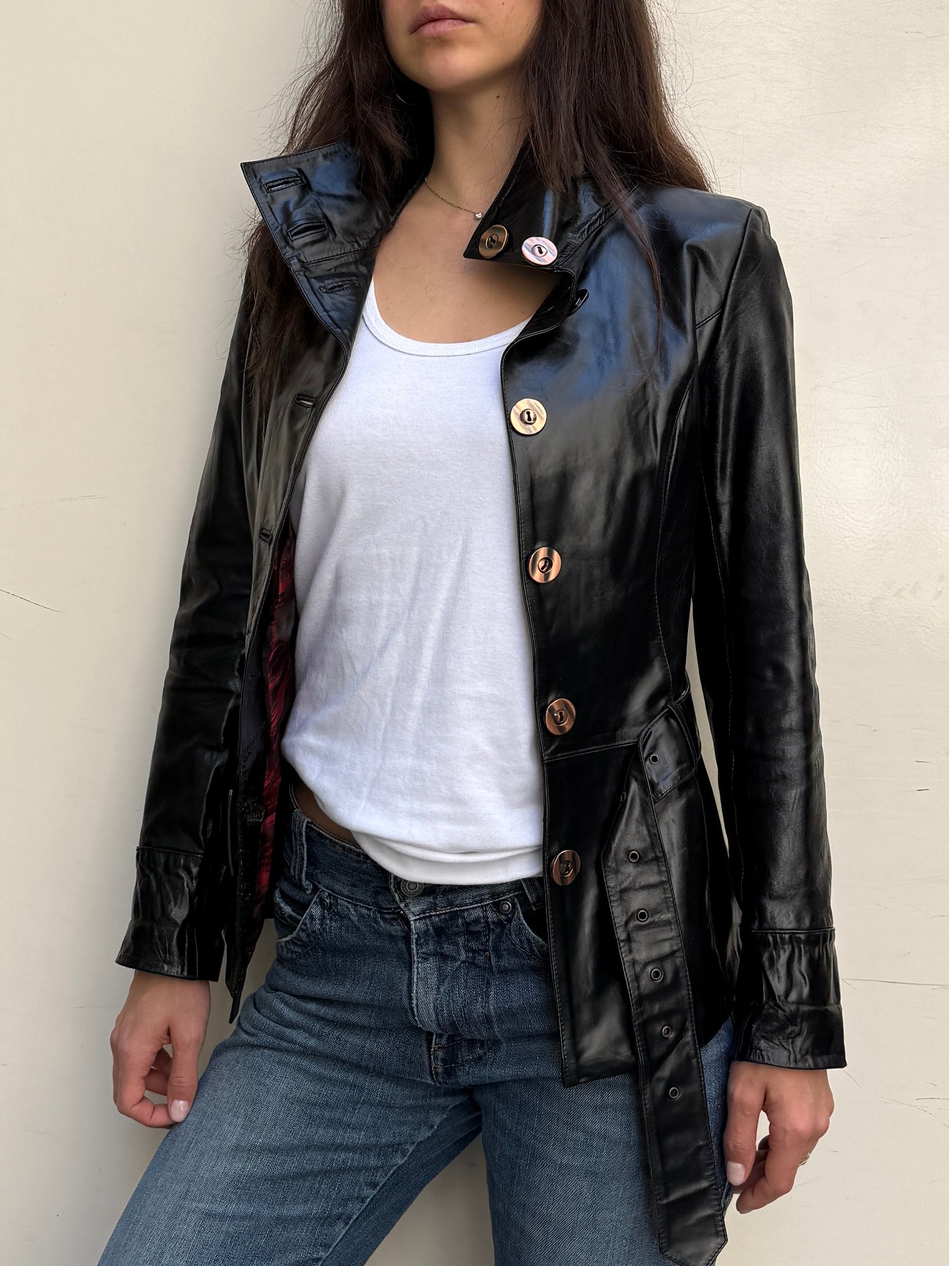 Vintage High Neck 100% Genuine Leather Black & Rose Gold Jacket XS/S