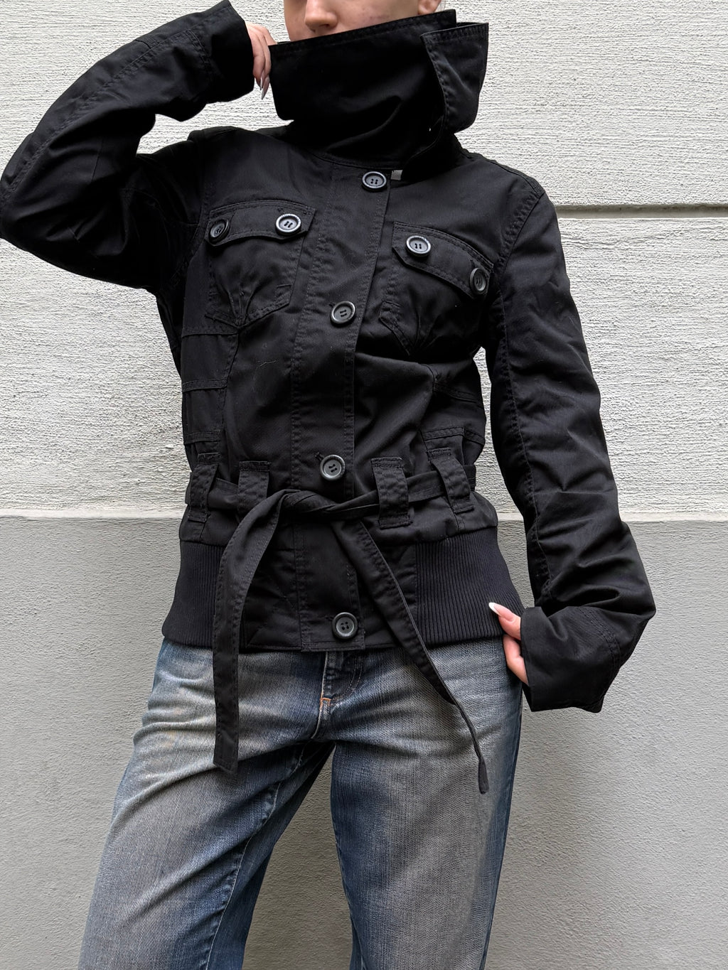 High Neck Black Belted Jacket S