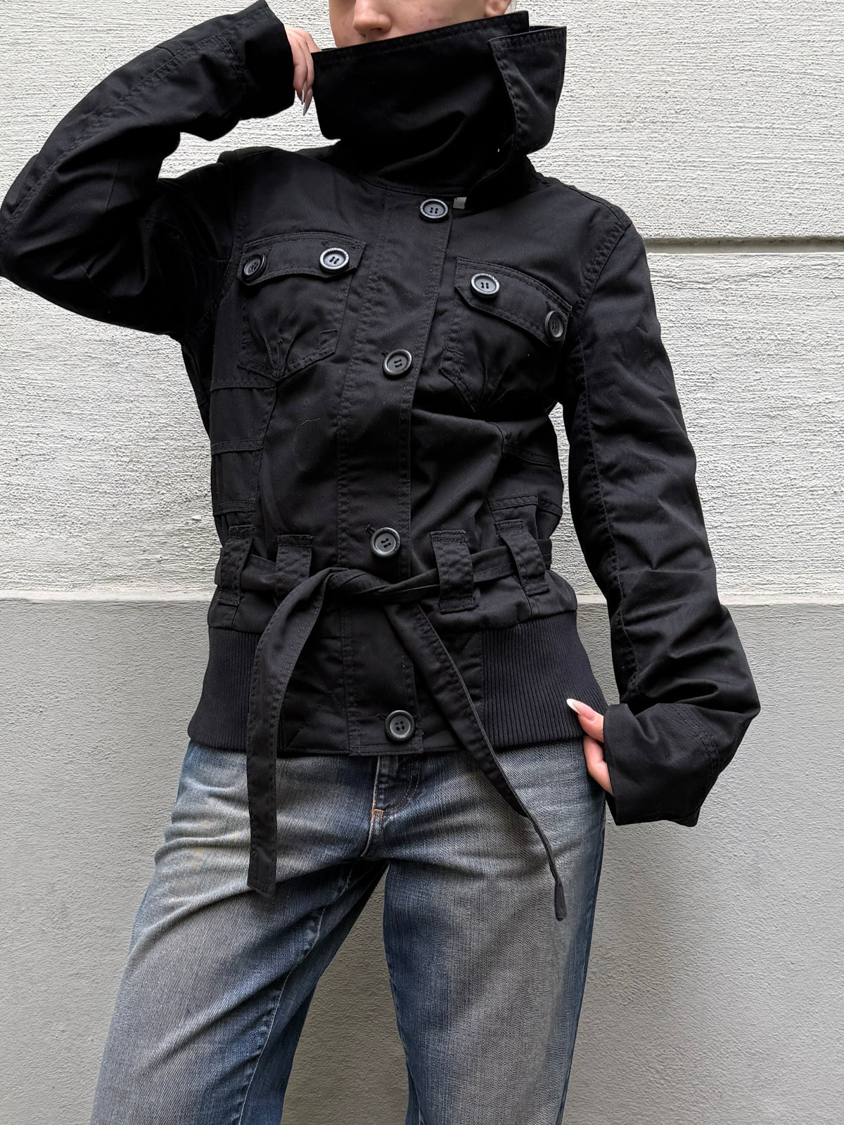 High Neck Black Belted Jacket S
