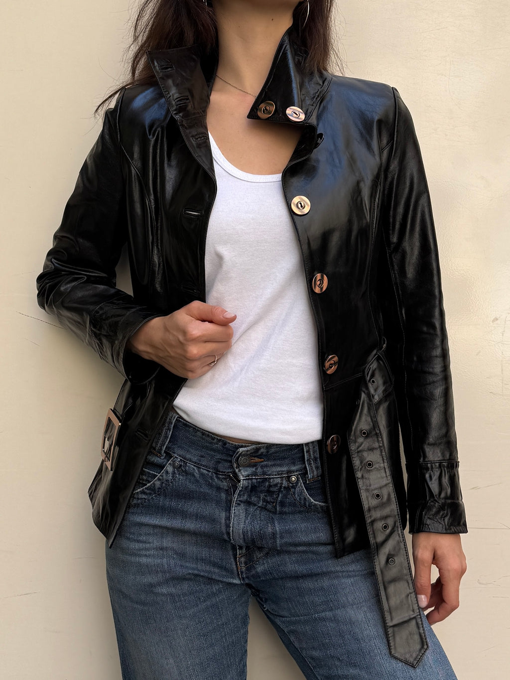 Vintage High Neck 100% Genuine Leather Black & Rose Gold Jacket XS/S