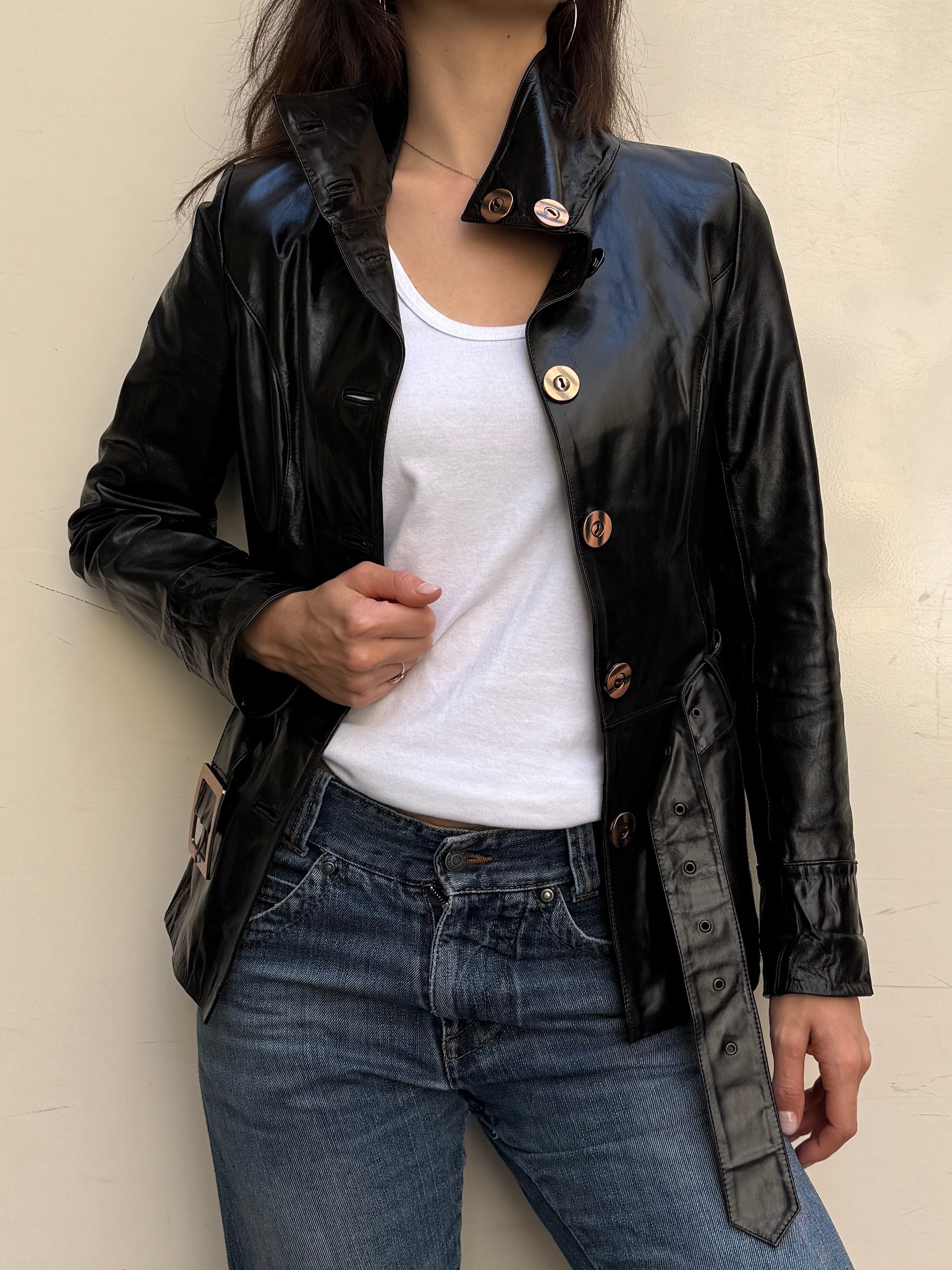 Vintage High Neck 100% Genuine Leather Black & Rose Gold Jacket XS/S