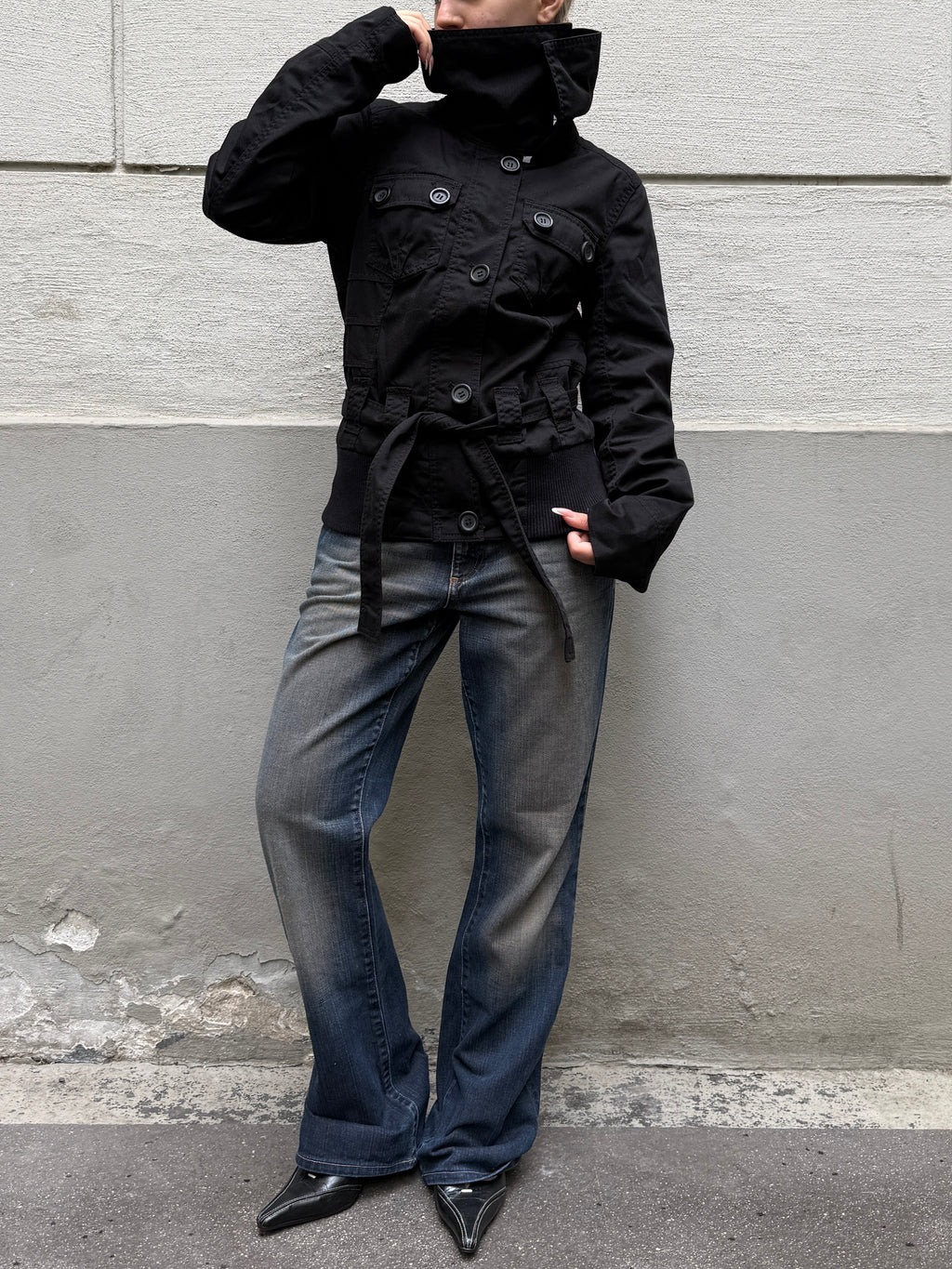 High Neck Black Belted Jacket S