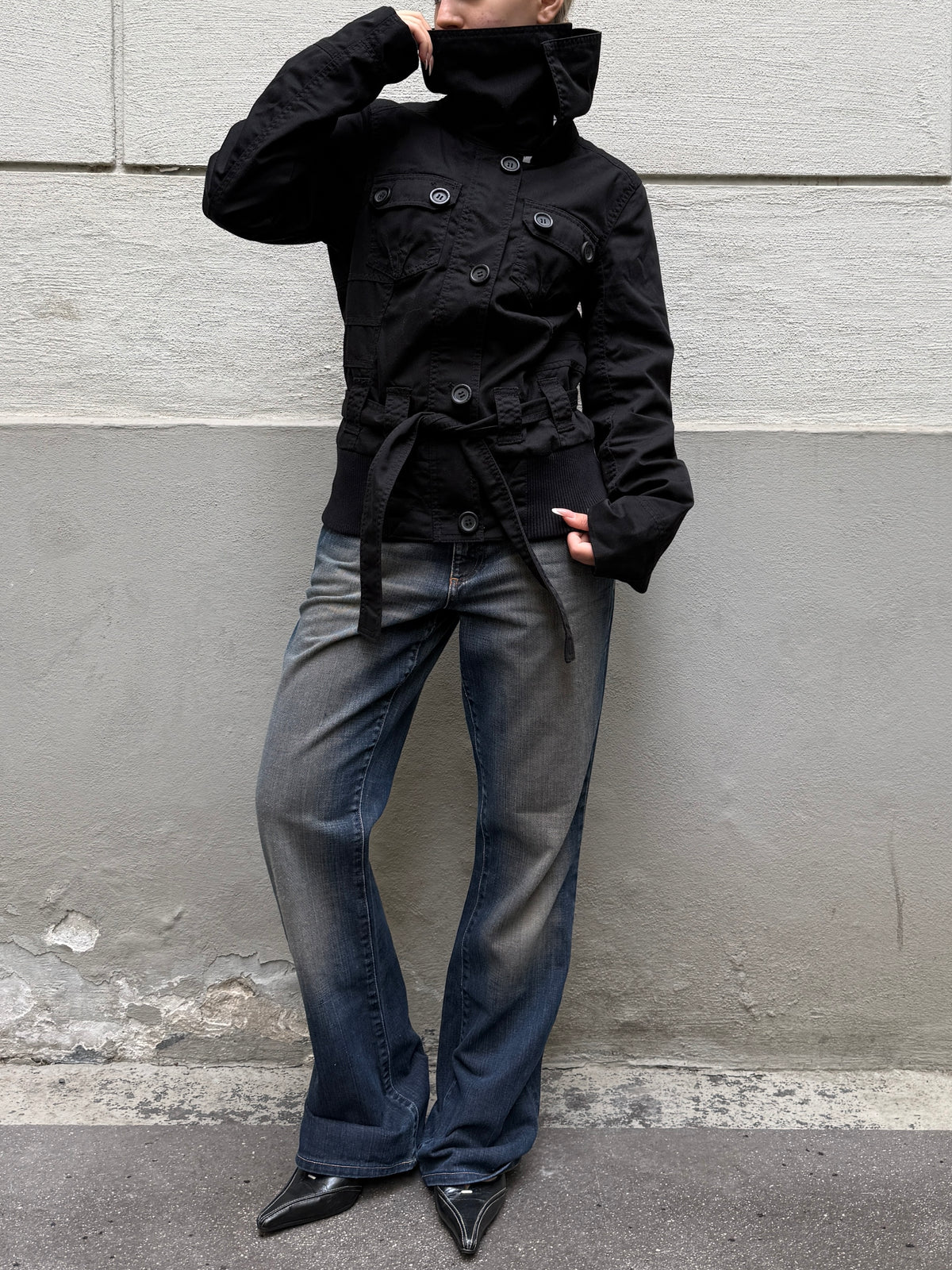 High Neck Black Belted Jacket S