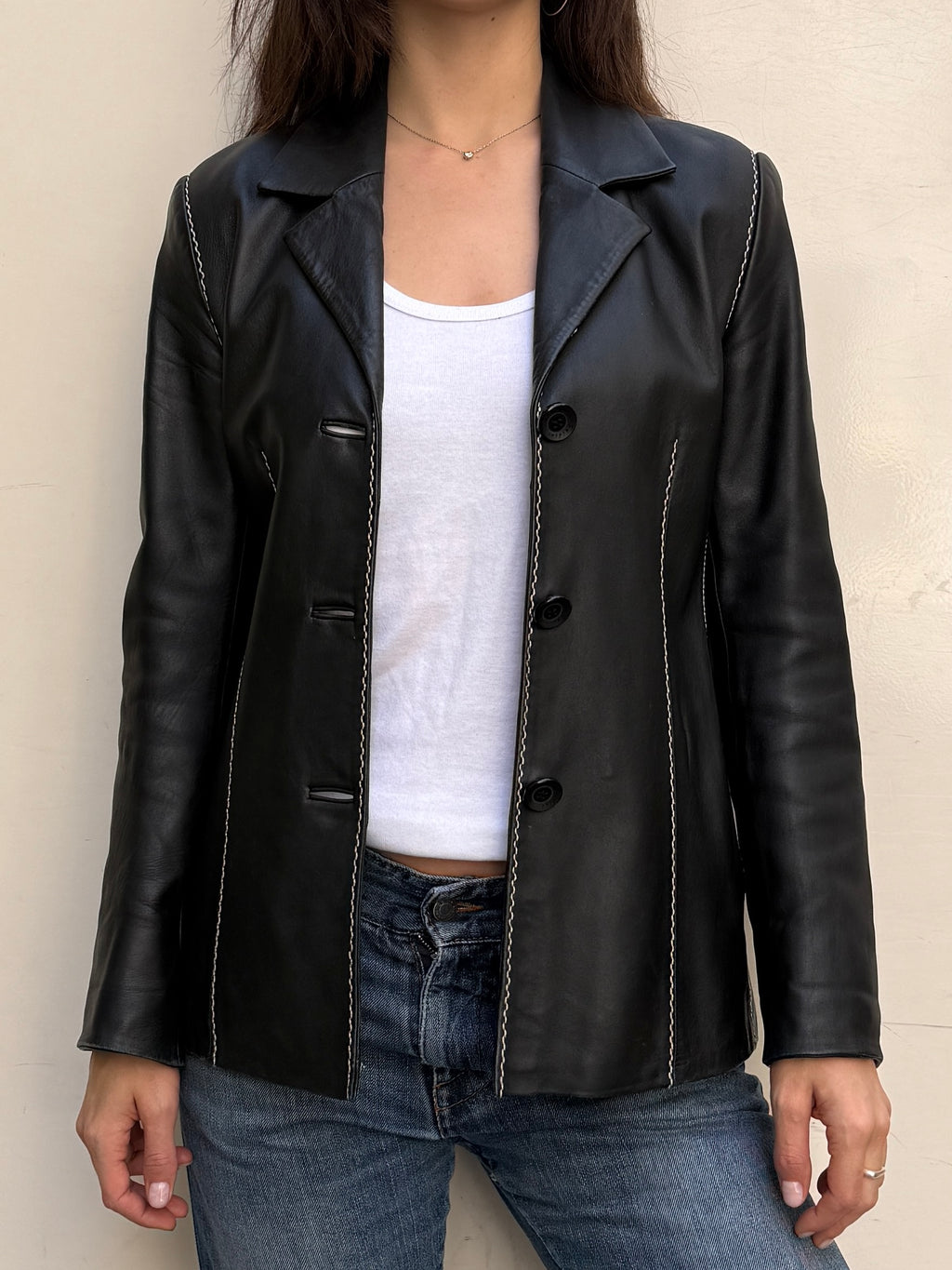 Vintage 100% Genuine Leather Black Contrast White Stitching Jacket S