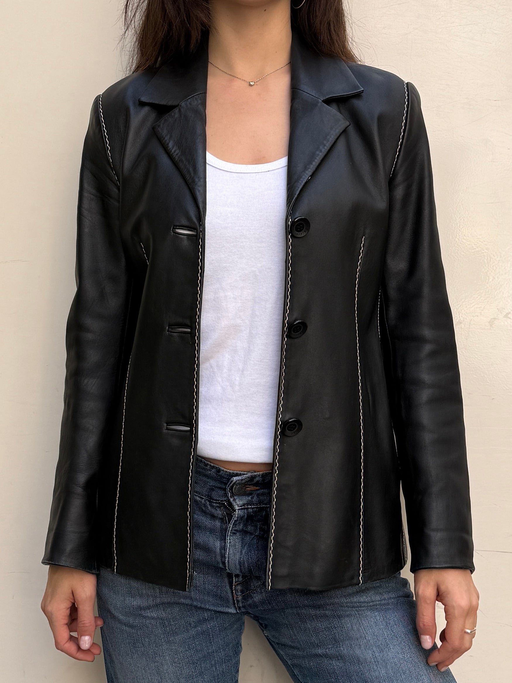 Vintage 100% Genuine Leather Black Contrast White Stitching Jacket S