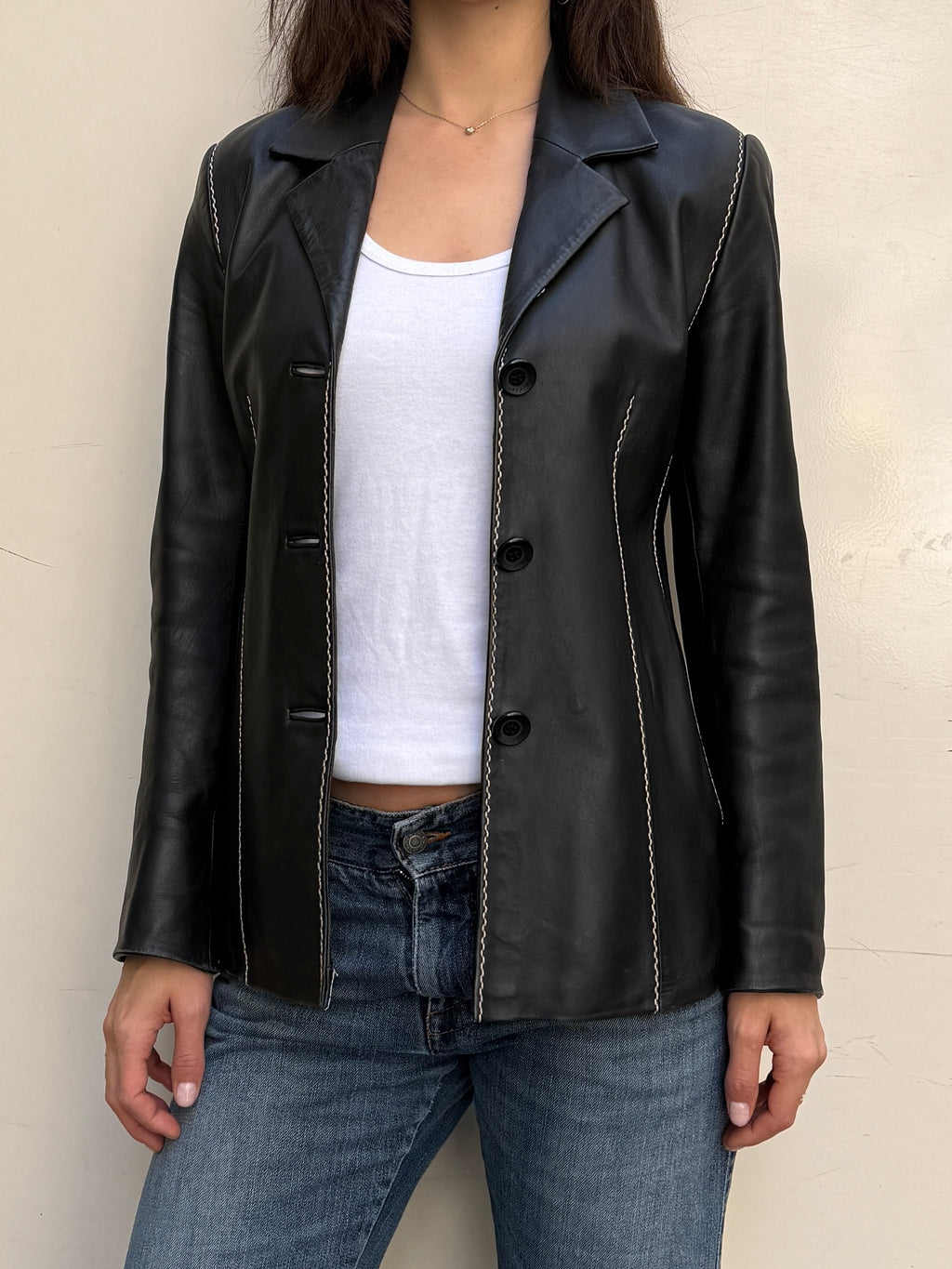 Vintage 100% Genuine Leather Black Contrast White Stitching Jacket S