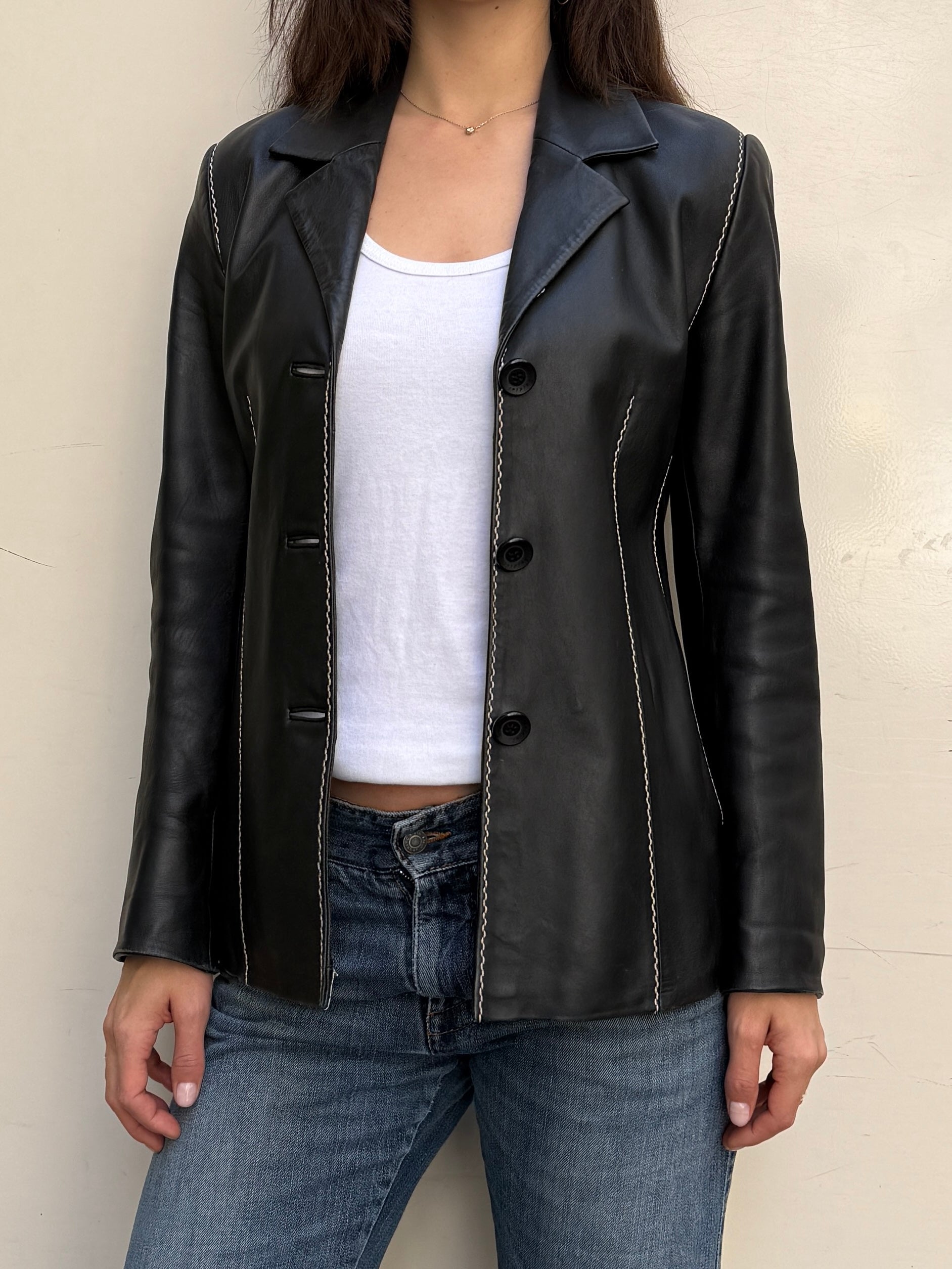 Vintage 100% Genuine Leather Black Contrast White Stitching Jacket S