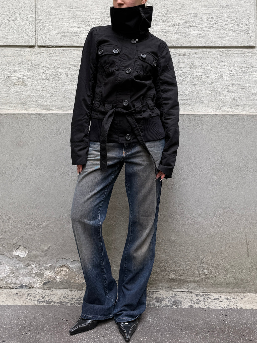 High Neck Black Belted Jacket S