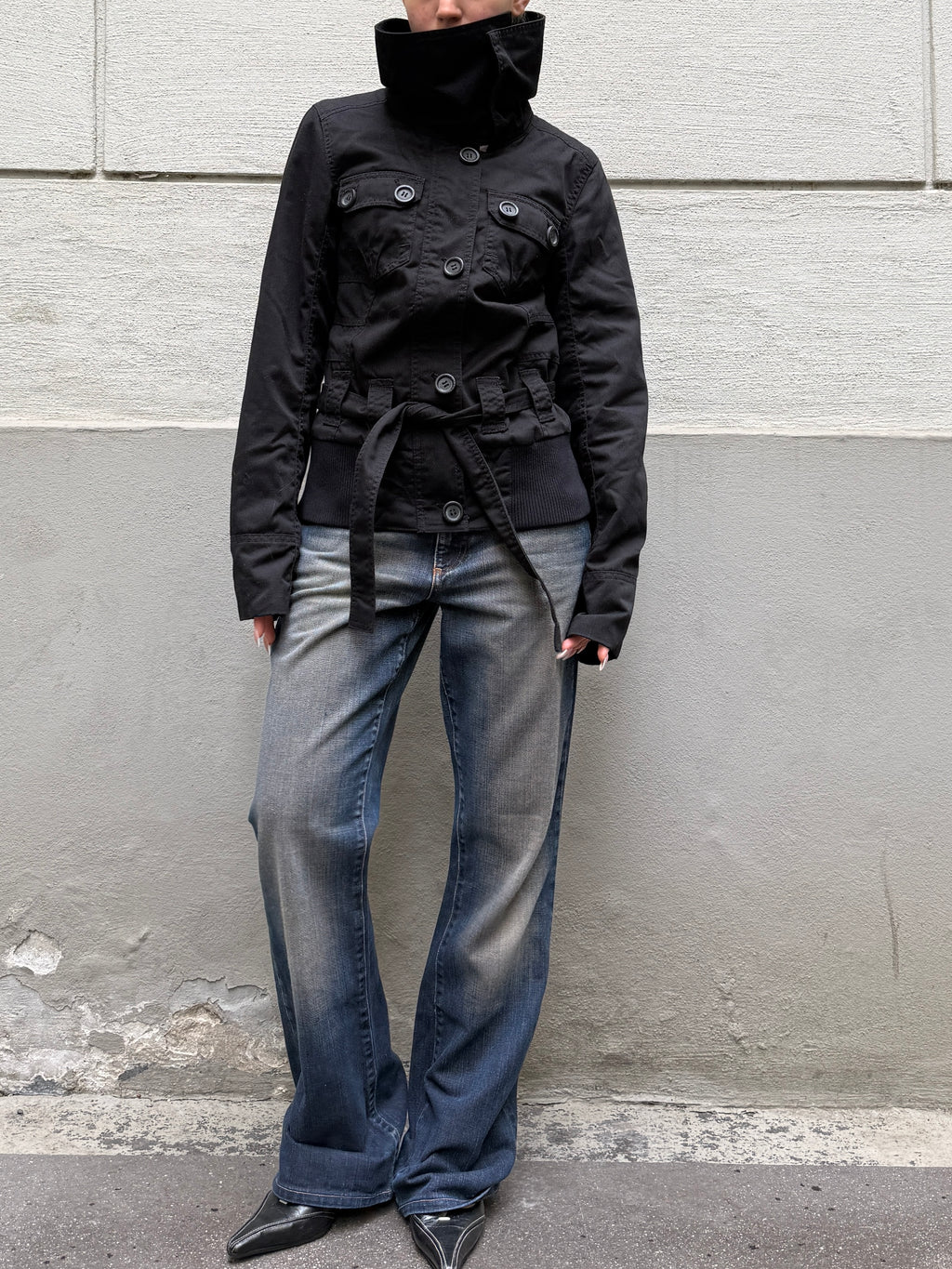 High Neck Black Belted Jacket S