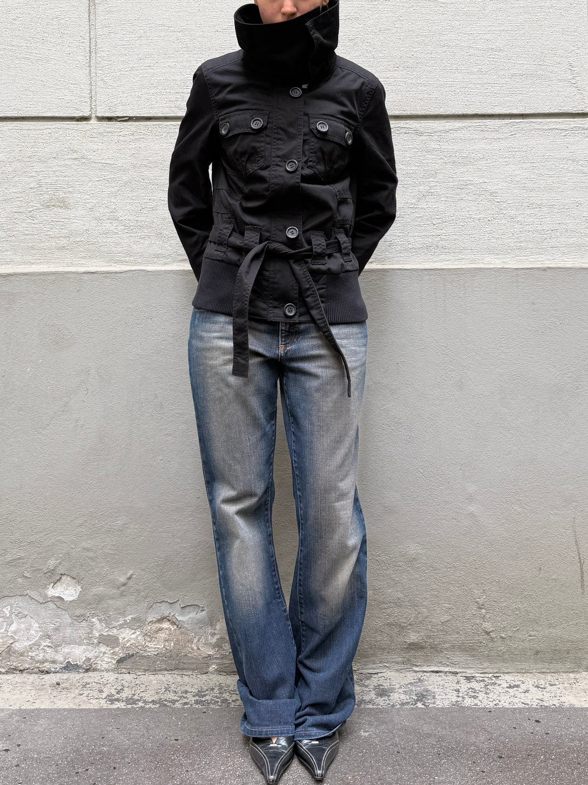 High Neck Black Belted Jacket S