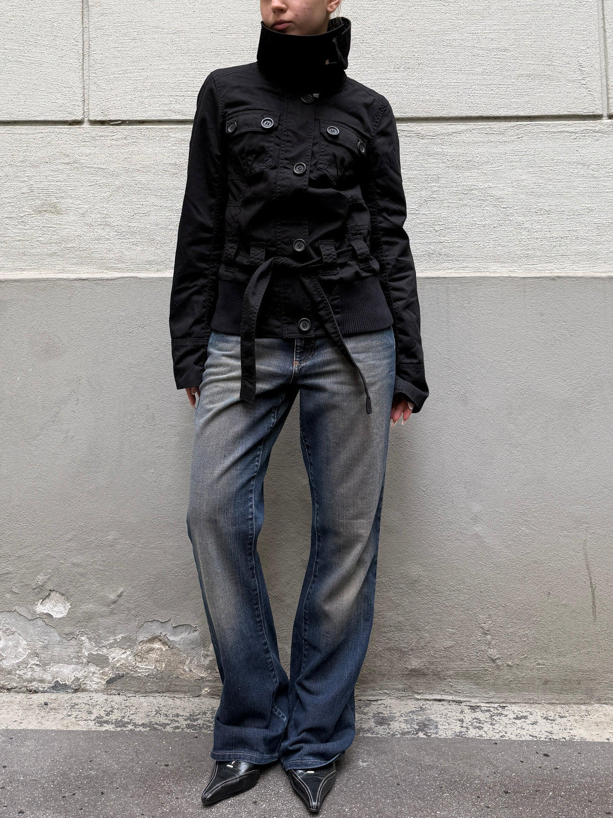 High Neck Black Belted Jacket S
