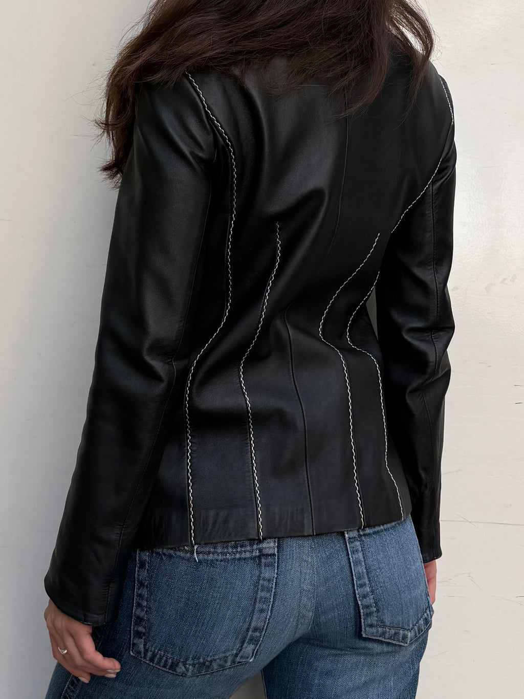 Vintage 100% Genuine Leather Black Contrast White Stitching Jacket S