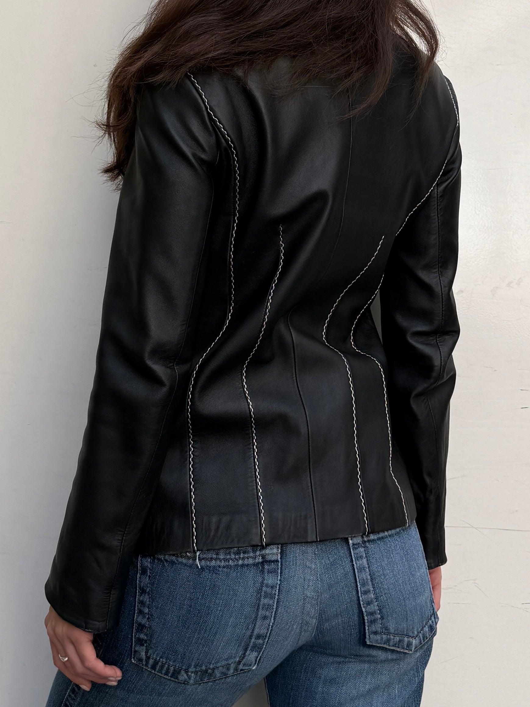 Vintage 100% Genuine Leather Black Contrast White Stitching Jacket S