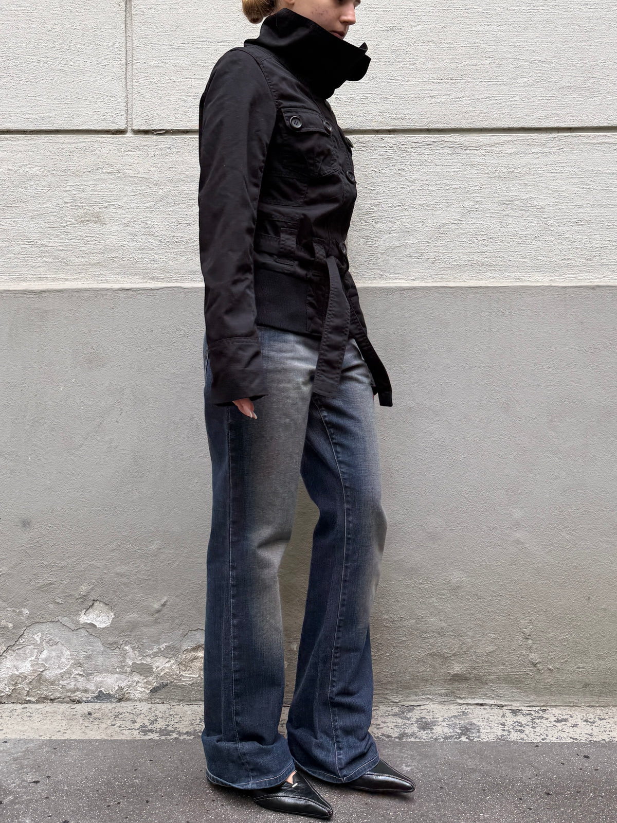 High Neck Black Belted Jacket S