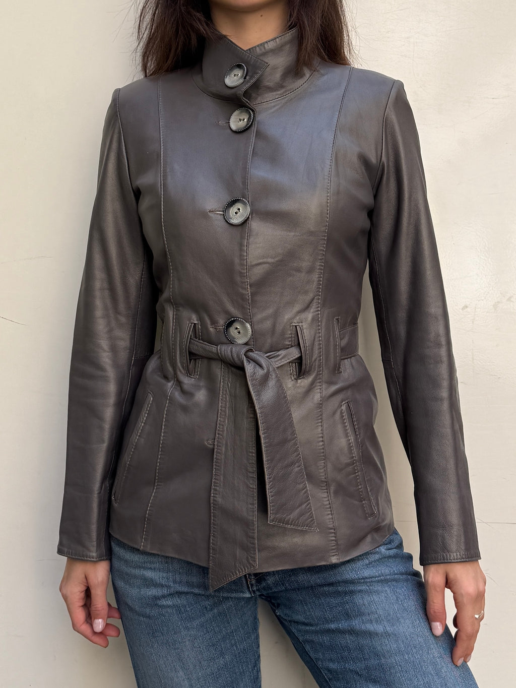 Vintage 100% Genuine Leather Gray High Neck Jacket S/M