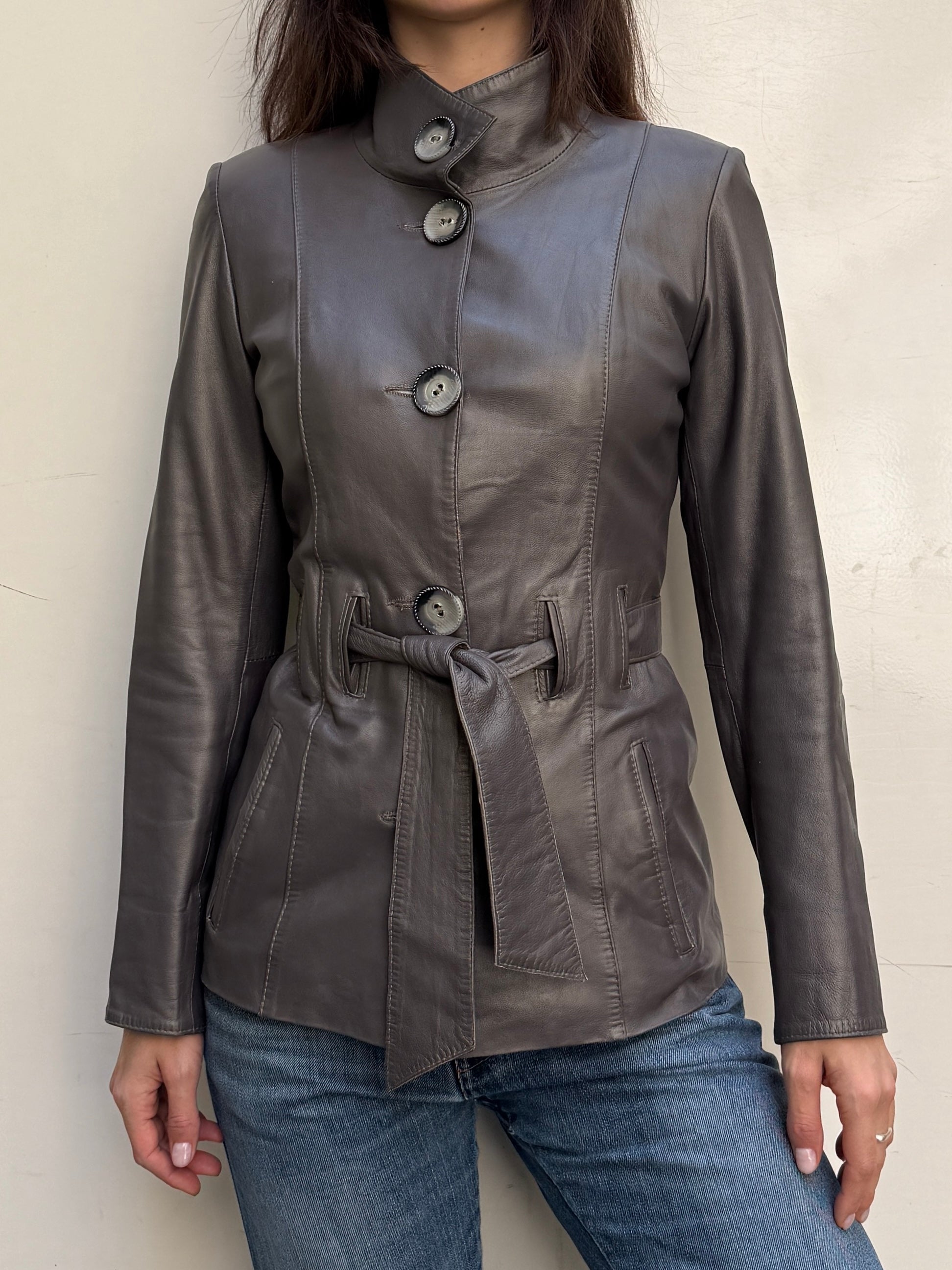 Vintage 100% Genuine Leather Gray High Neck Jacket S/M