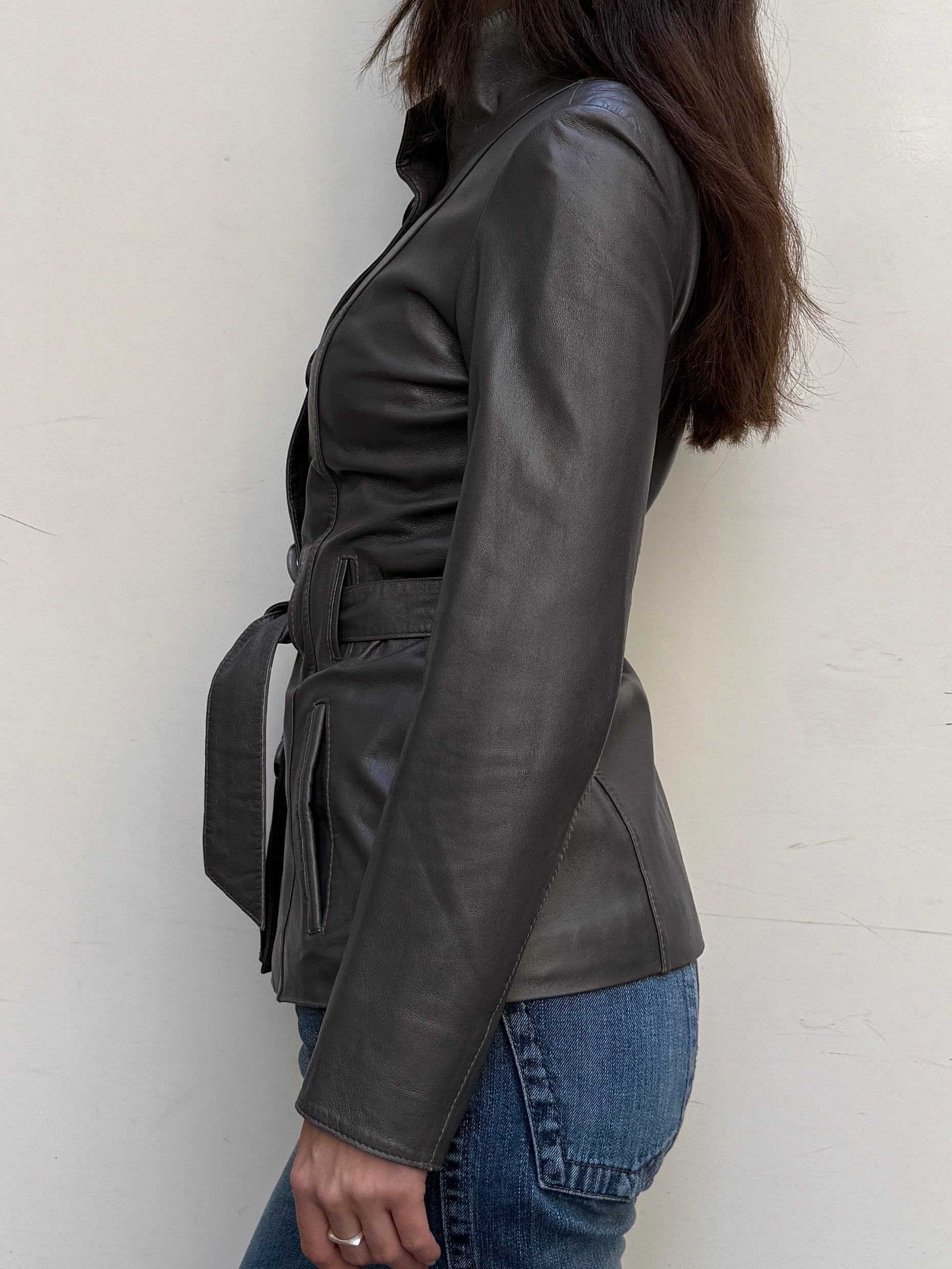 Vintage 100% Genuine Leather Gray High Neck Jacket S/M