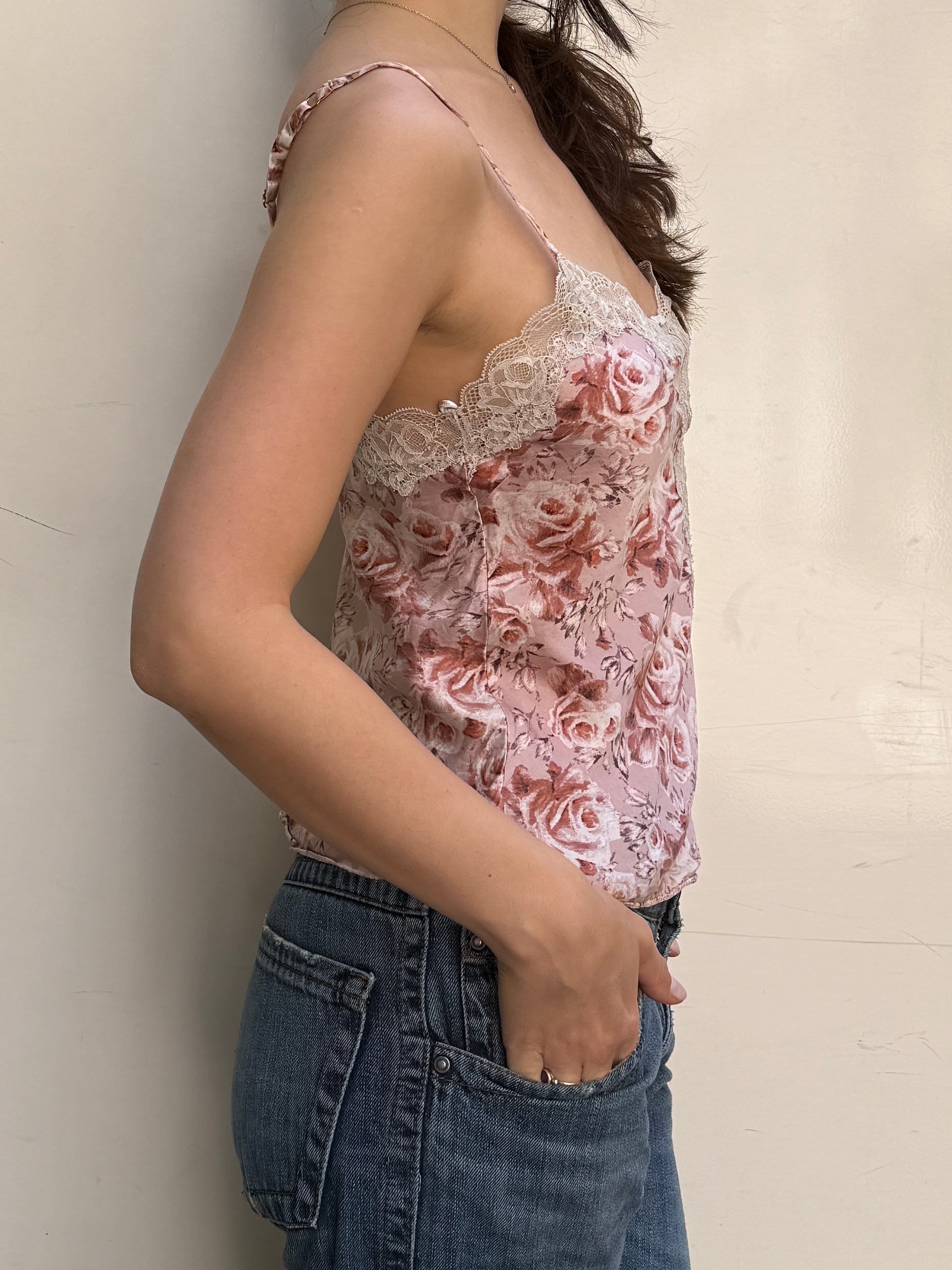 Vintage 100% Silk Floral Lace Cami Tank Top S
