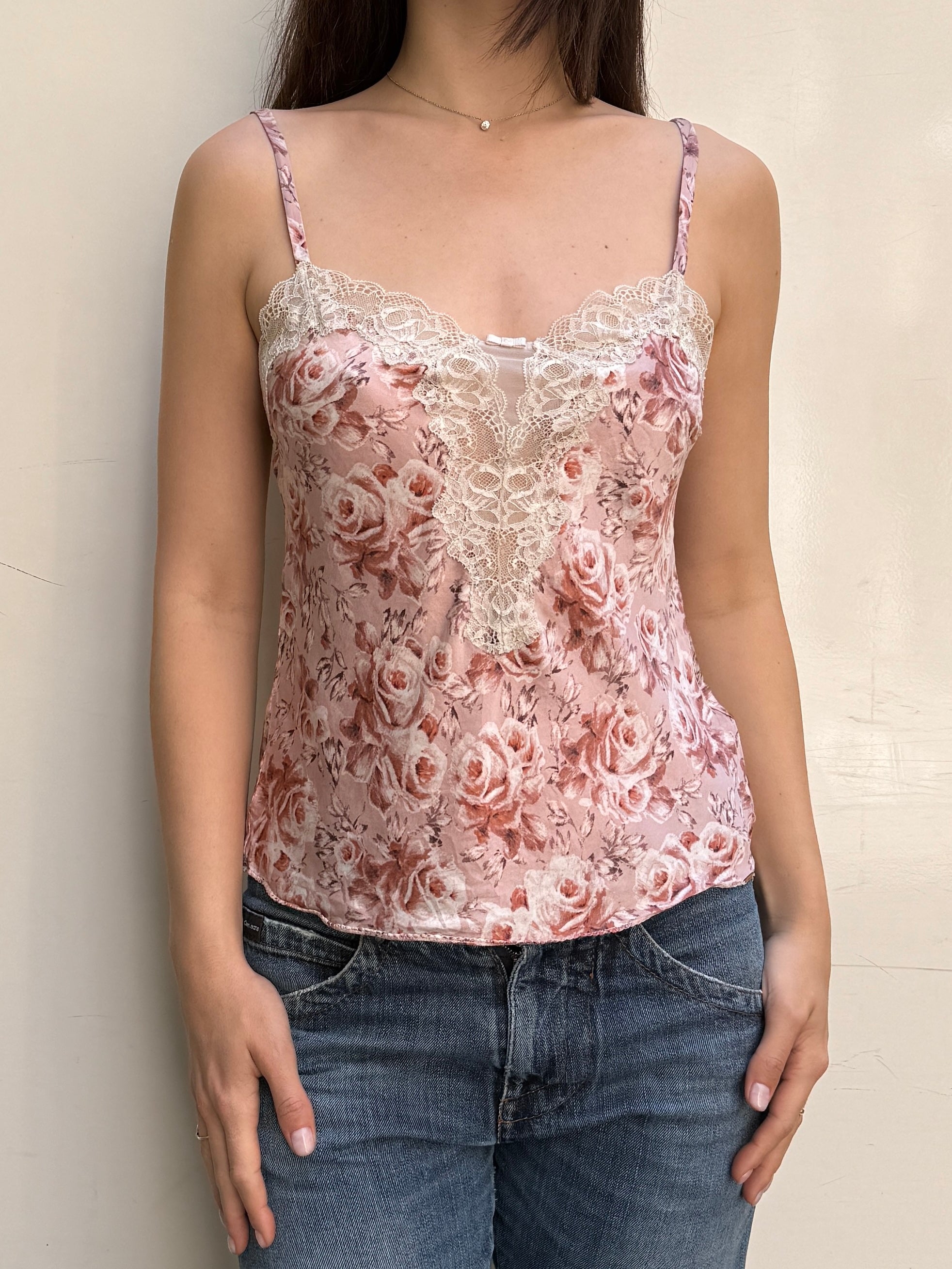 Vintage 100% Silk Floral Lace Cami Tank Top S