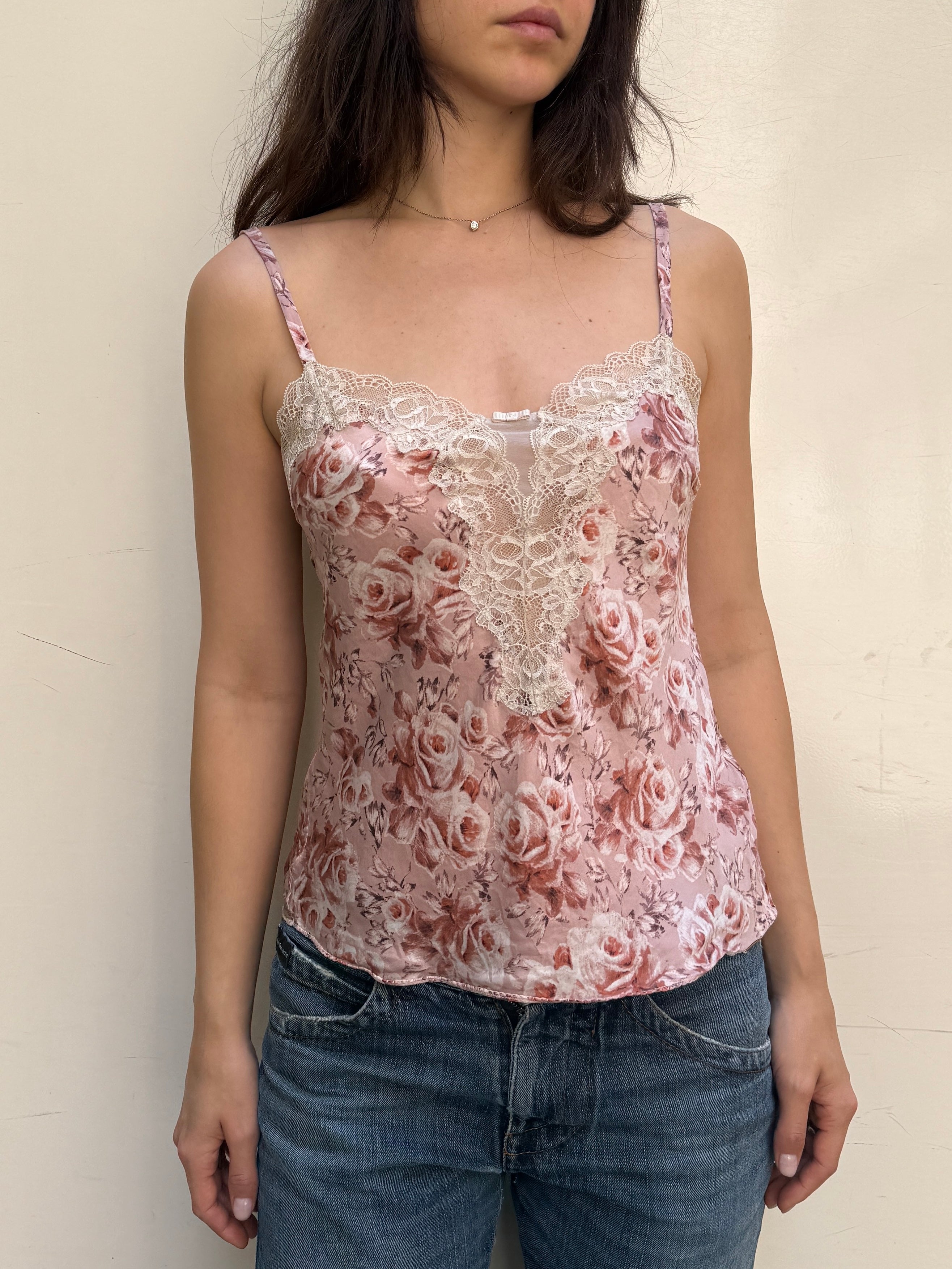 Vintage 100% Silk Floral Lace Cami Tank Top S
