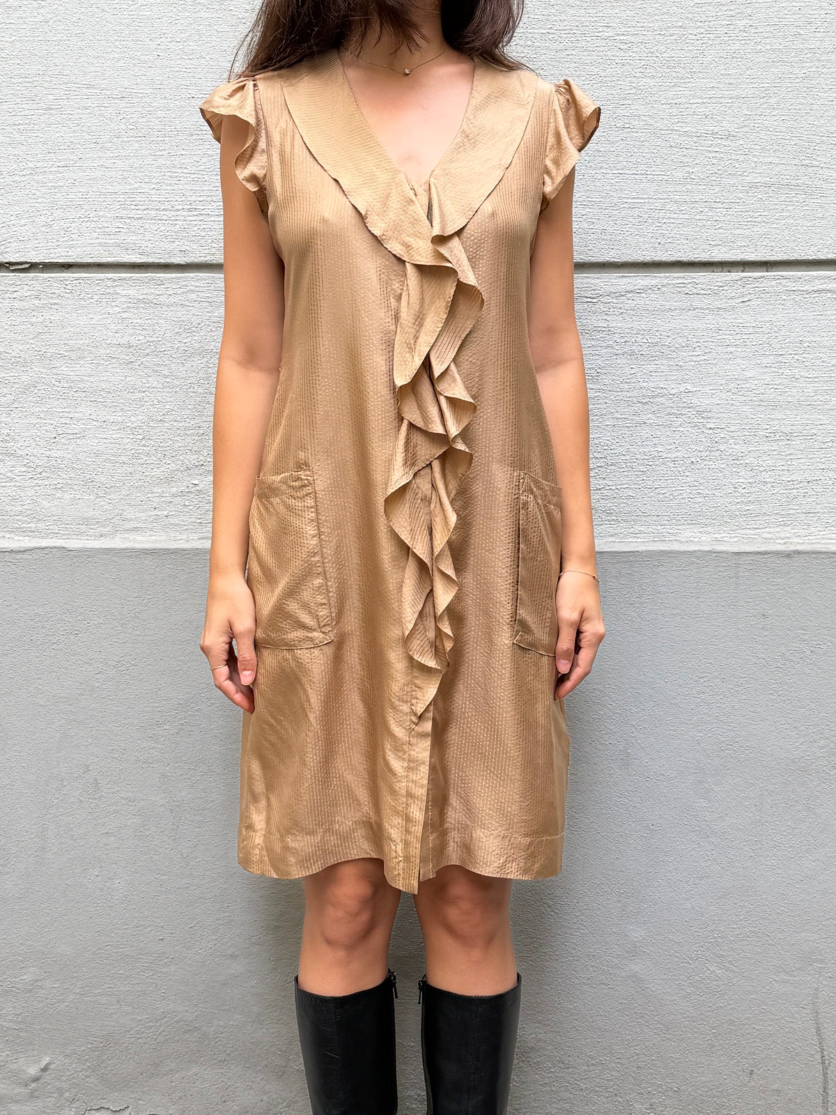 Vintage 100% Silk Ruffle Front Beige Dress M