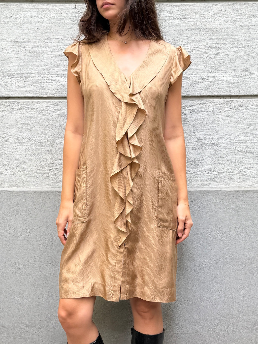 Vintage 100% Silk Ruffle Front Beige Dress M