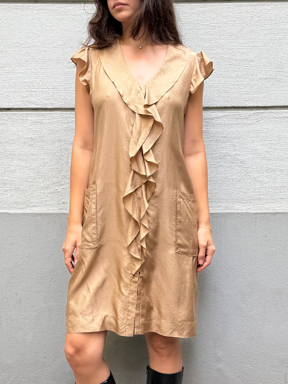 Vintage 100% Silk Ruffle Front Beige Dress M