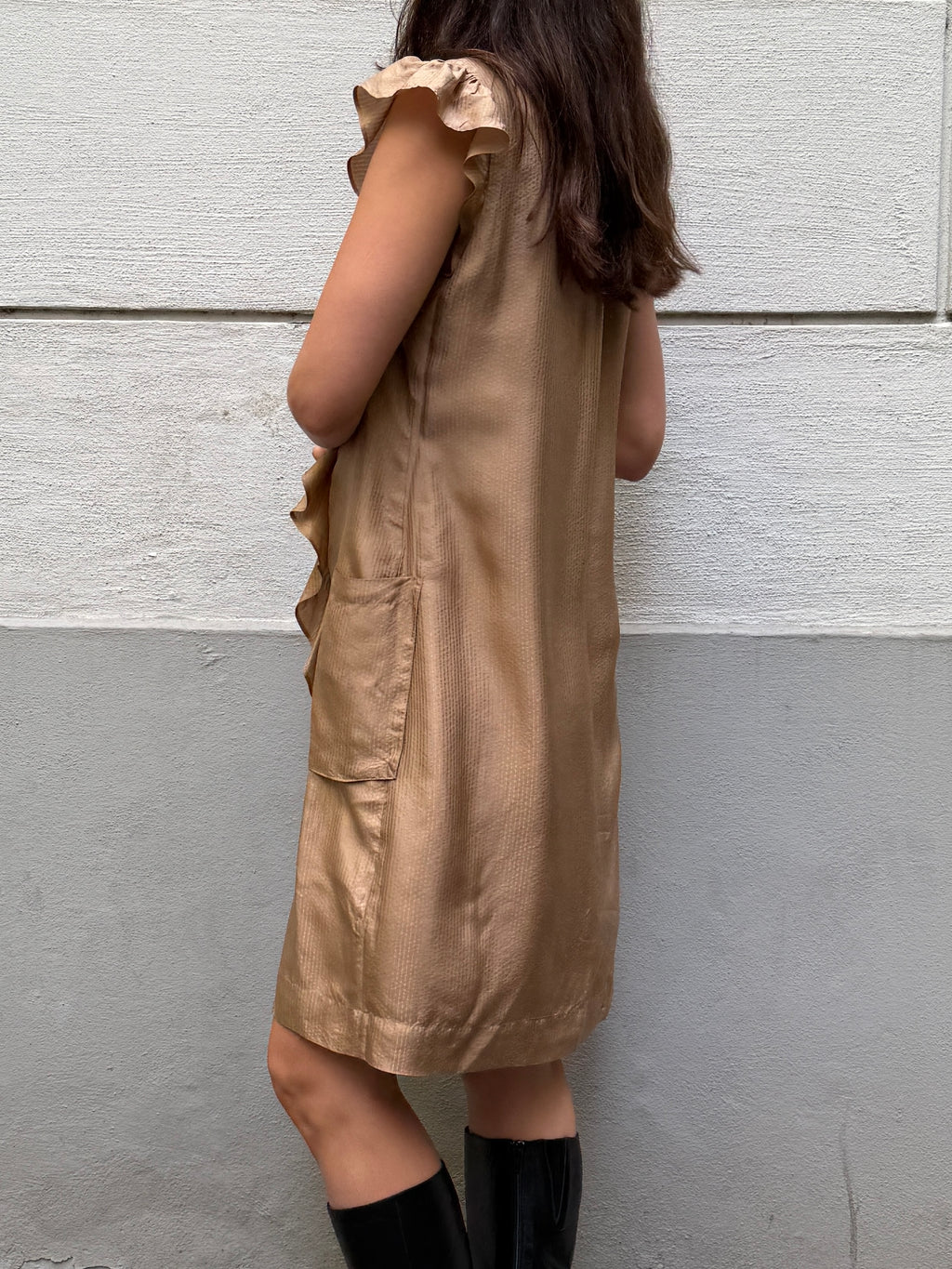 Vintage 100% Silk Ruffle Front Beige Dress M