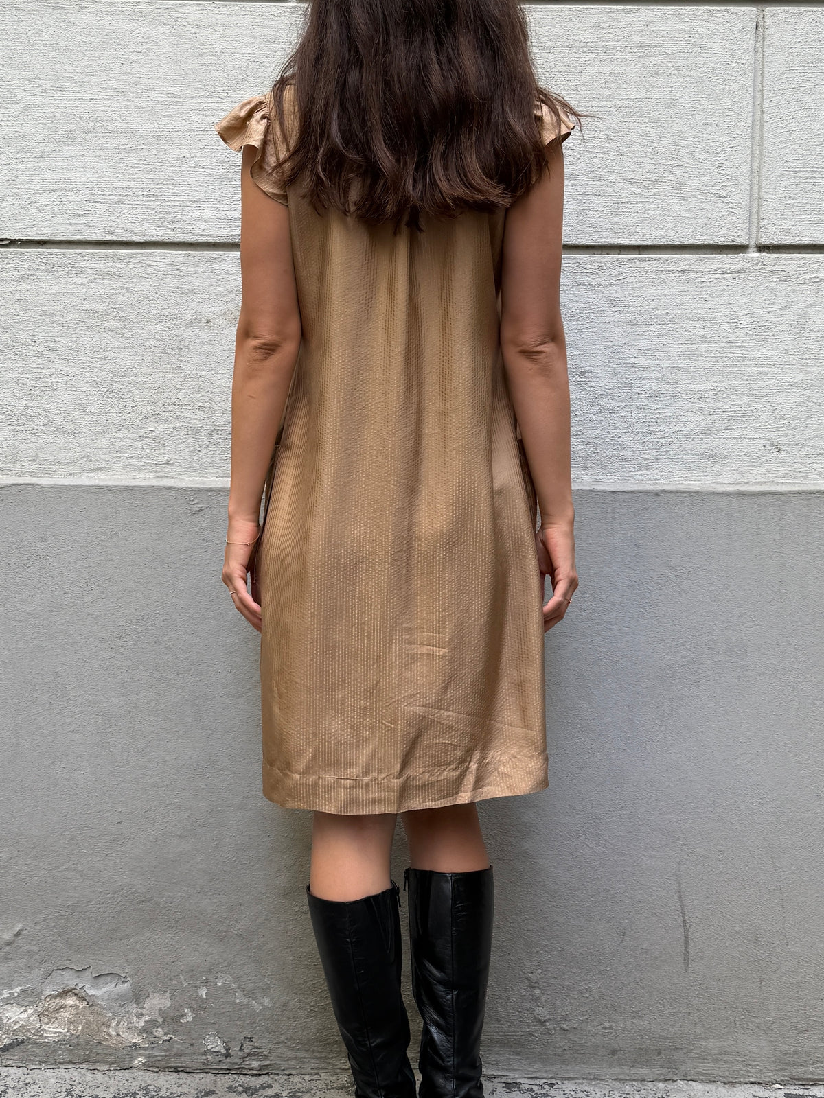 Vintage 100% Silk Ruffle Front Beige Dress M