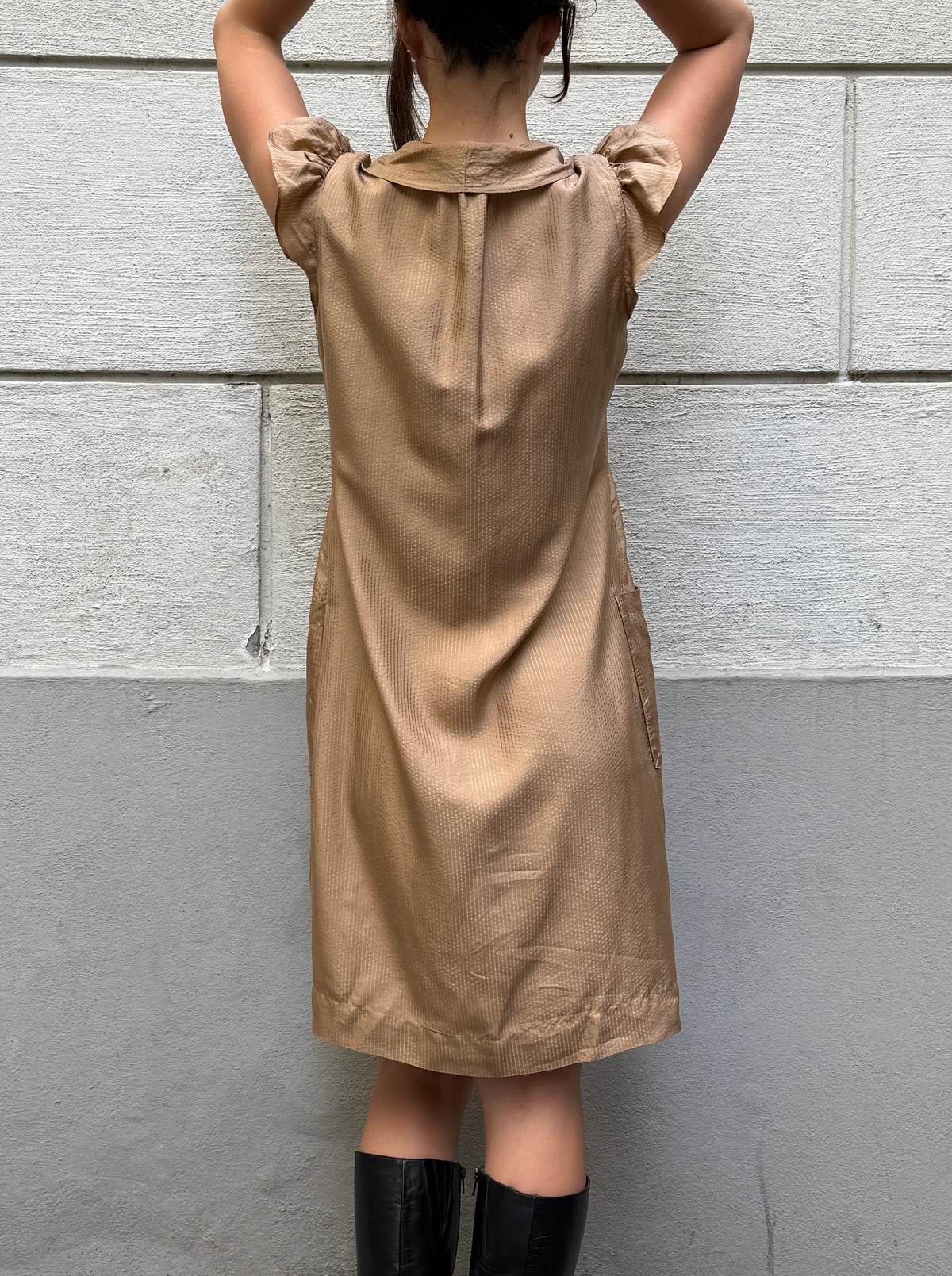 Vintage 100% Silk Ruffle Front Beige Dress M
