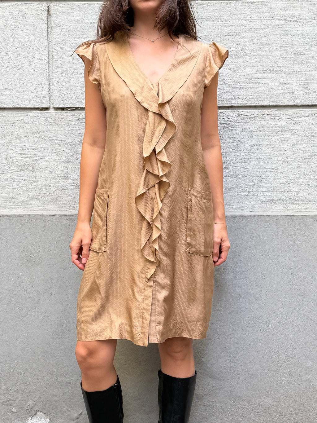 Vintage 100% Silk Ruffle Front Beige Dress M