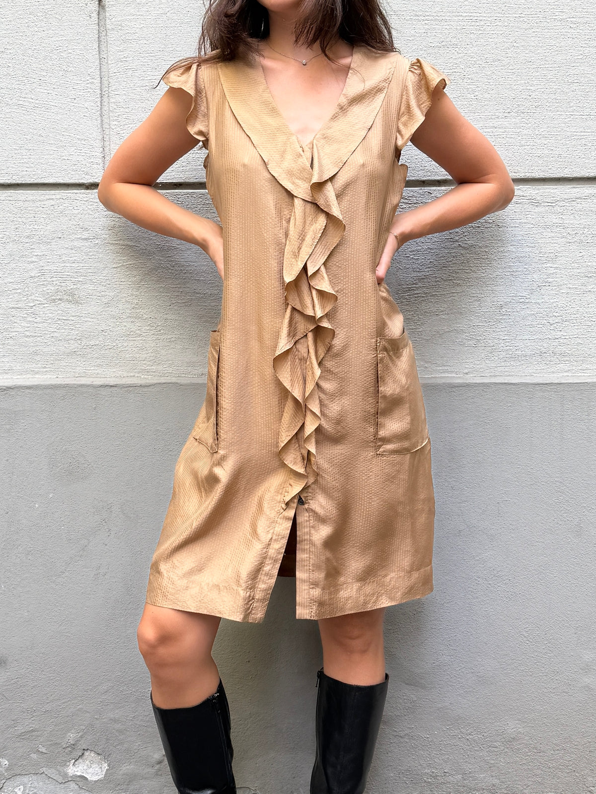 Vintage 100% Silk Ruffle Front Beige Dress M