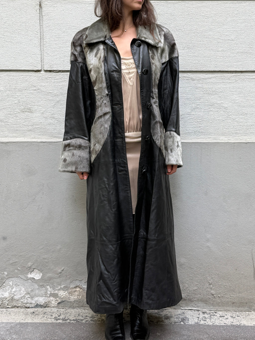 Vintage 100% Genuine Leather & Fur Maxi Coat L/XL