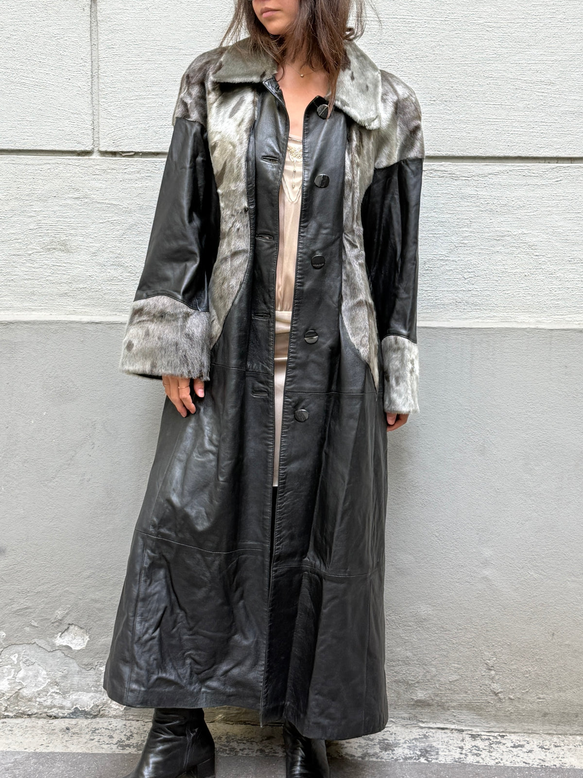 Vintage 100% Genuine Leather & Fur Maxi Coat L/XL